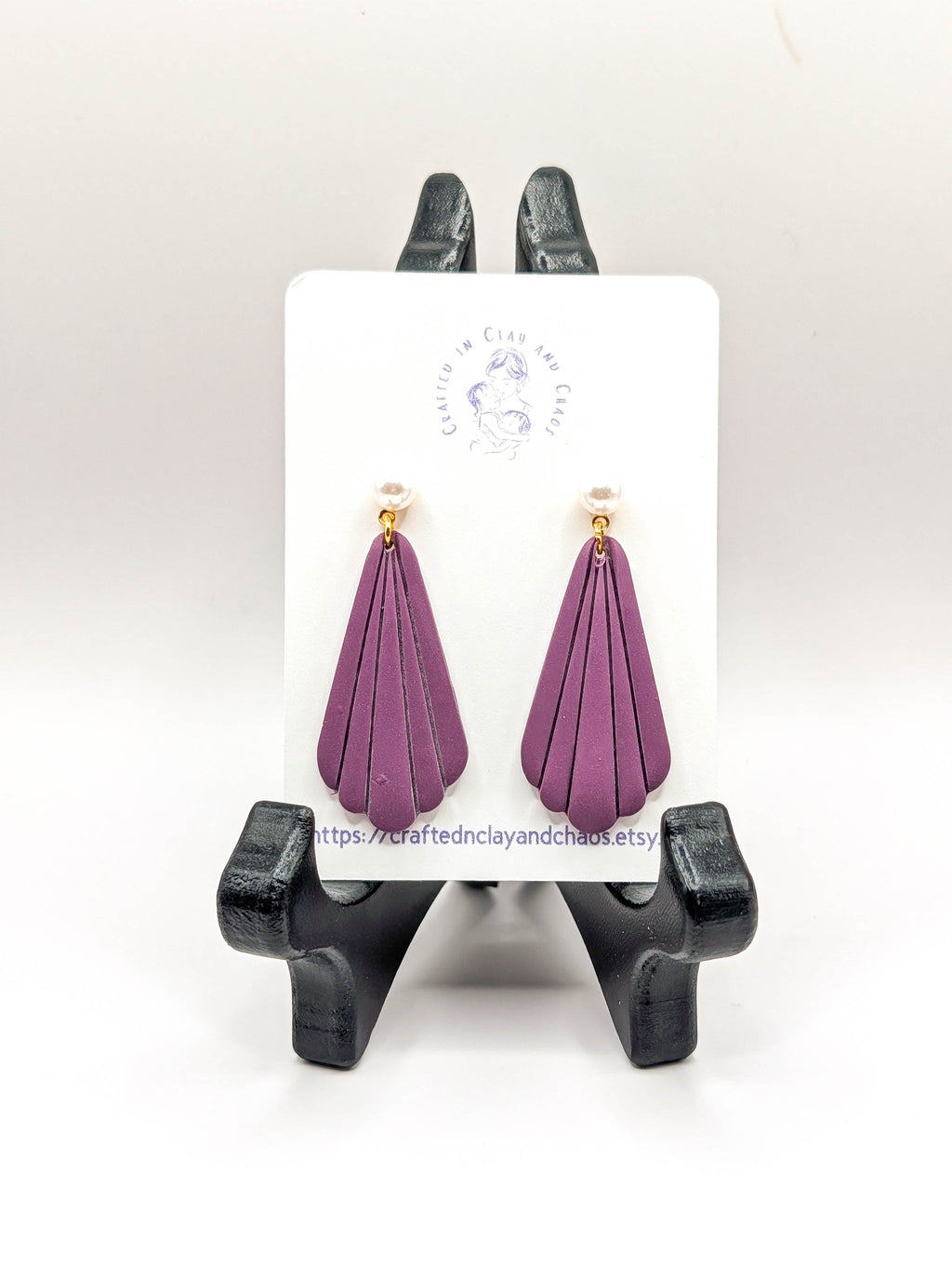 Plum Scalloped Fan Earrings with Pearl Studs