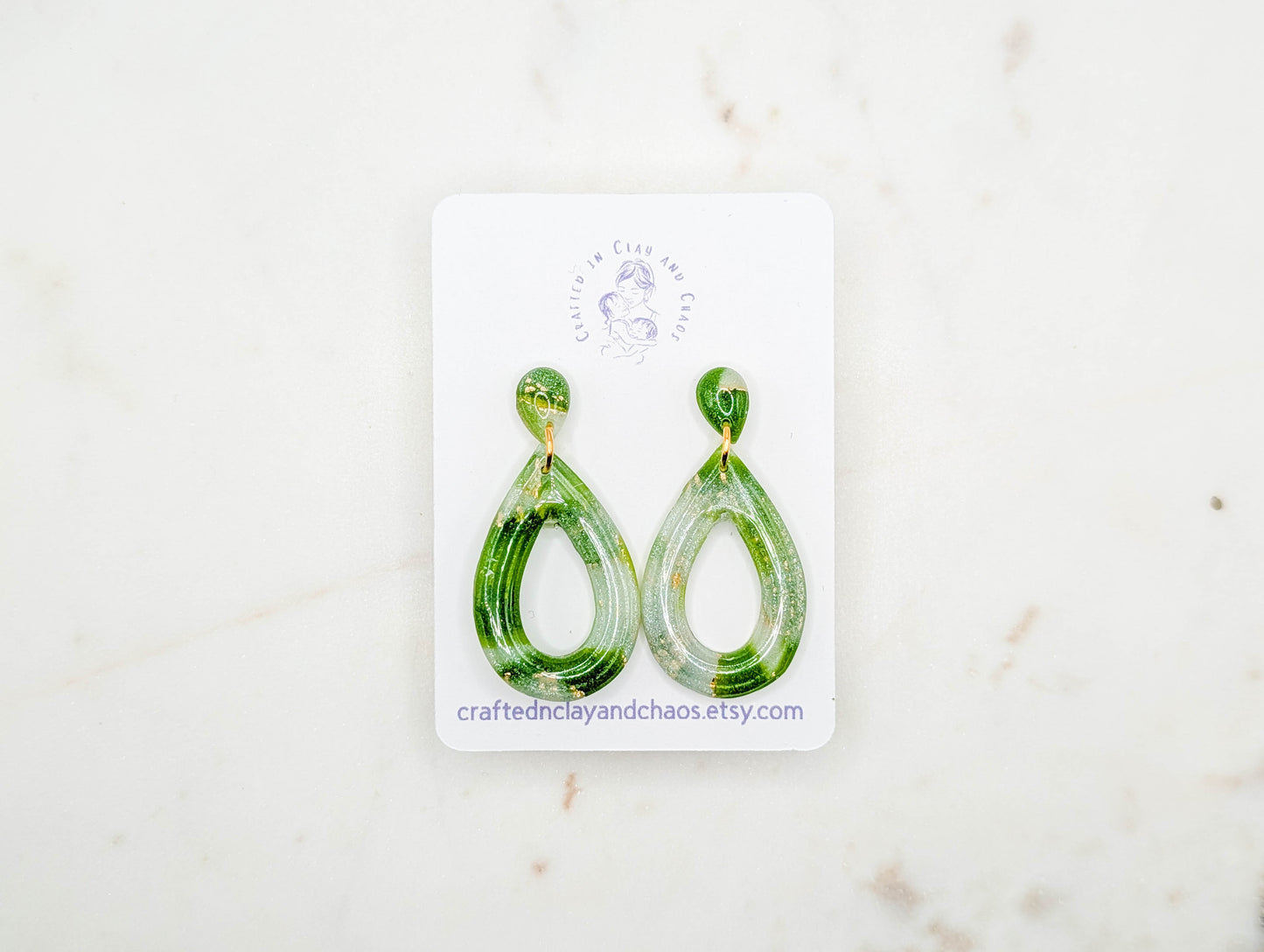 Lightweight Green Polymer Clay Earrings with Gold Foil, Modern Earthy Statement Drops