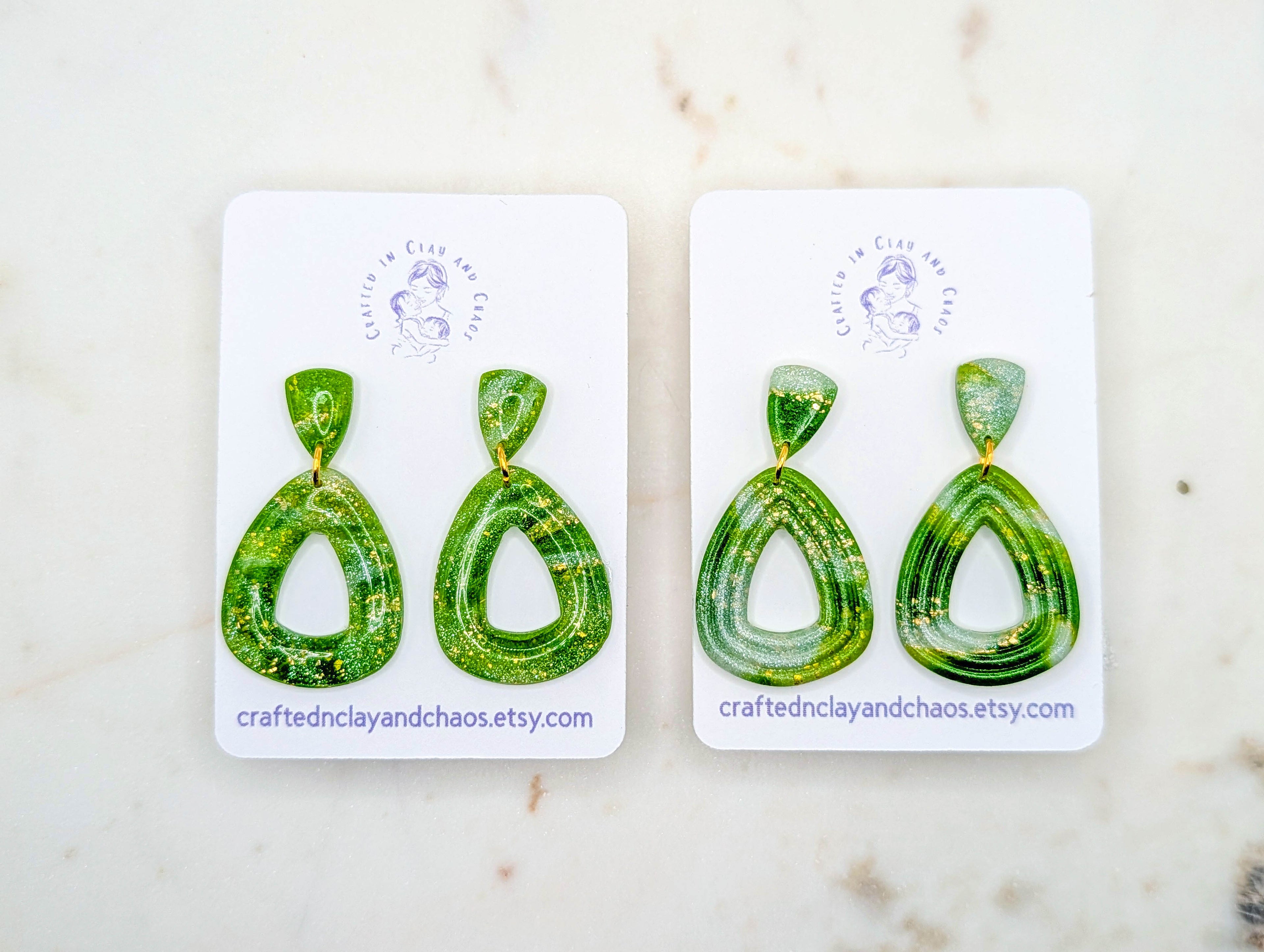 Lightweight Green Polymer Clay Earrings with Gold Foil, Modern Earthy Statement Drops