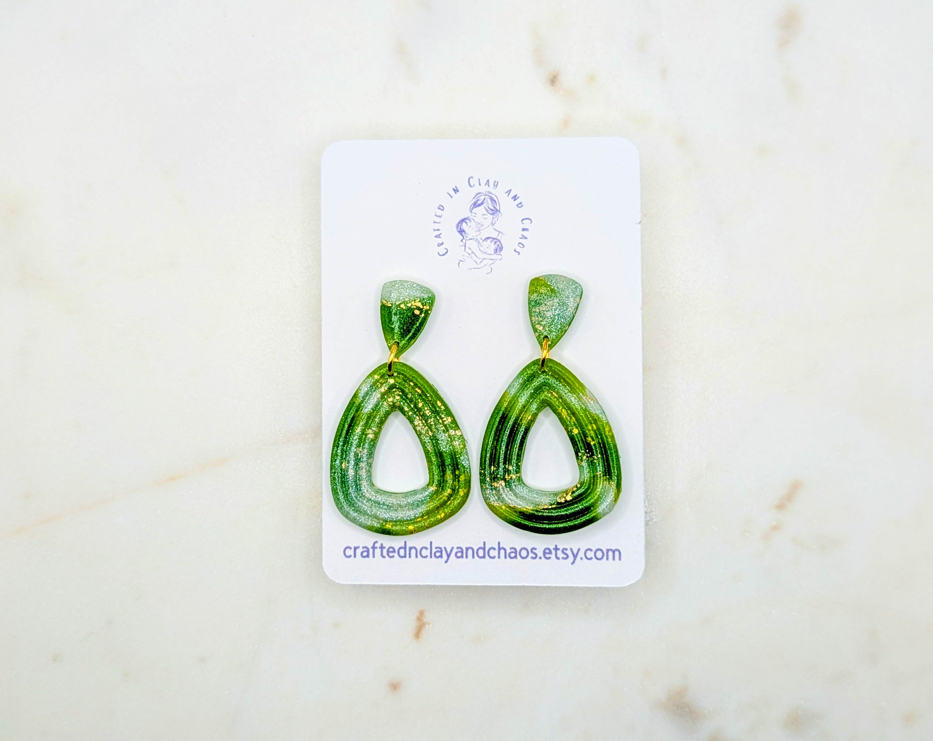 Lightweight Green Polymer Clay Earrings with Gold Foil, Modern Earthy Statement Drops