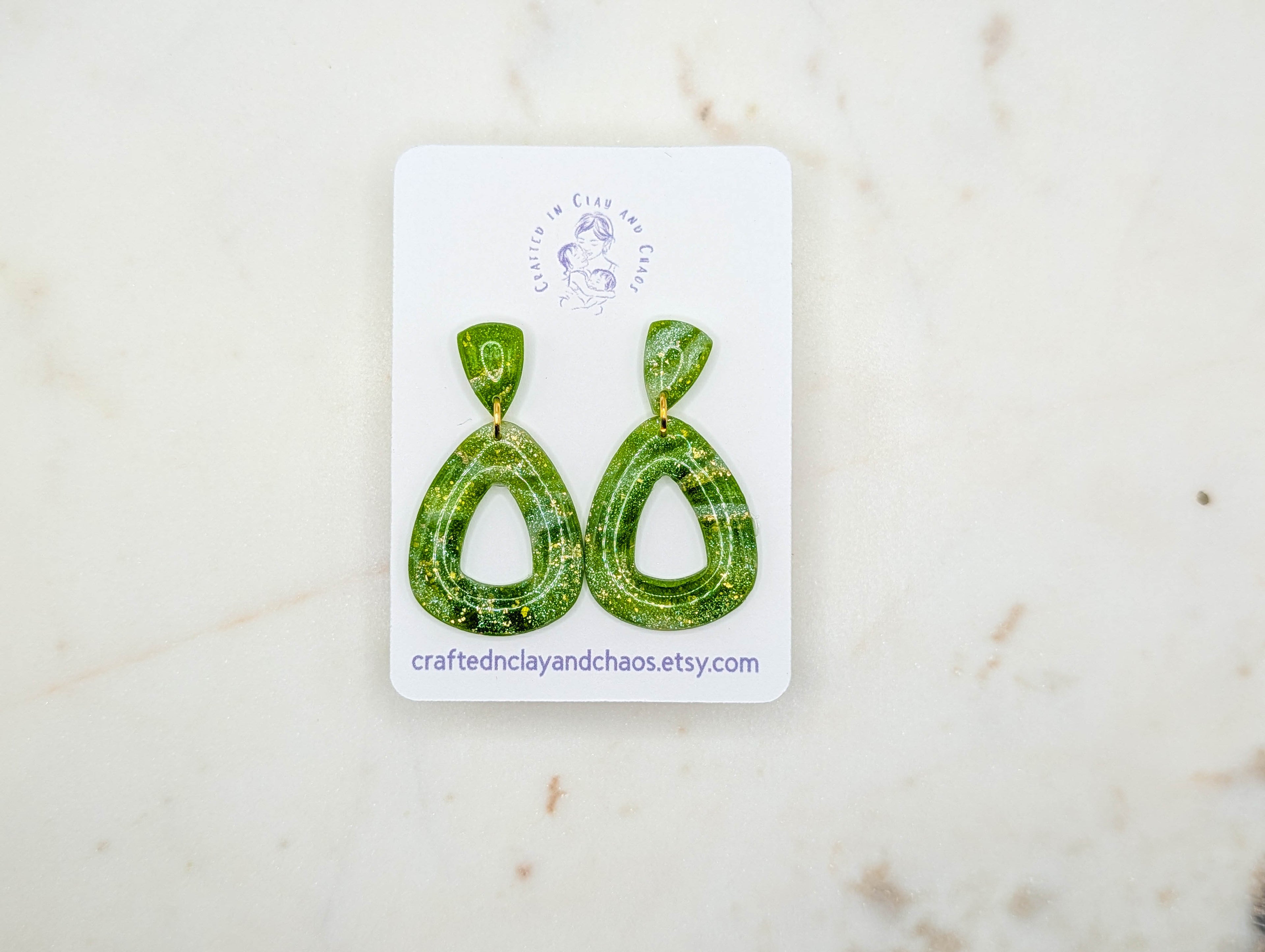 Lightweight Green Polymer Clay Earrings with Gold Foil, Modern Earthy Statement Drops