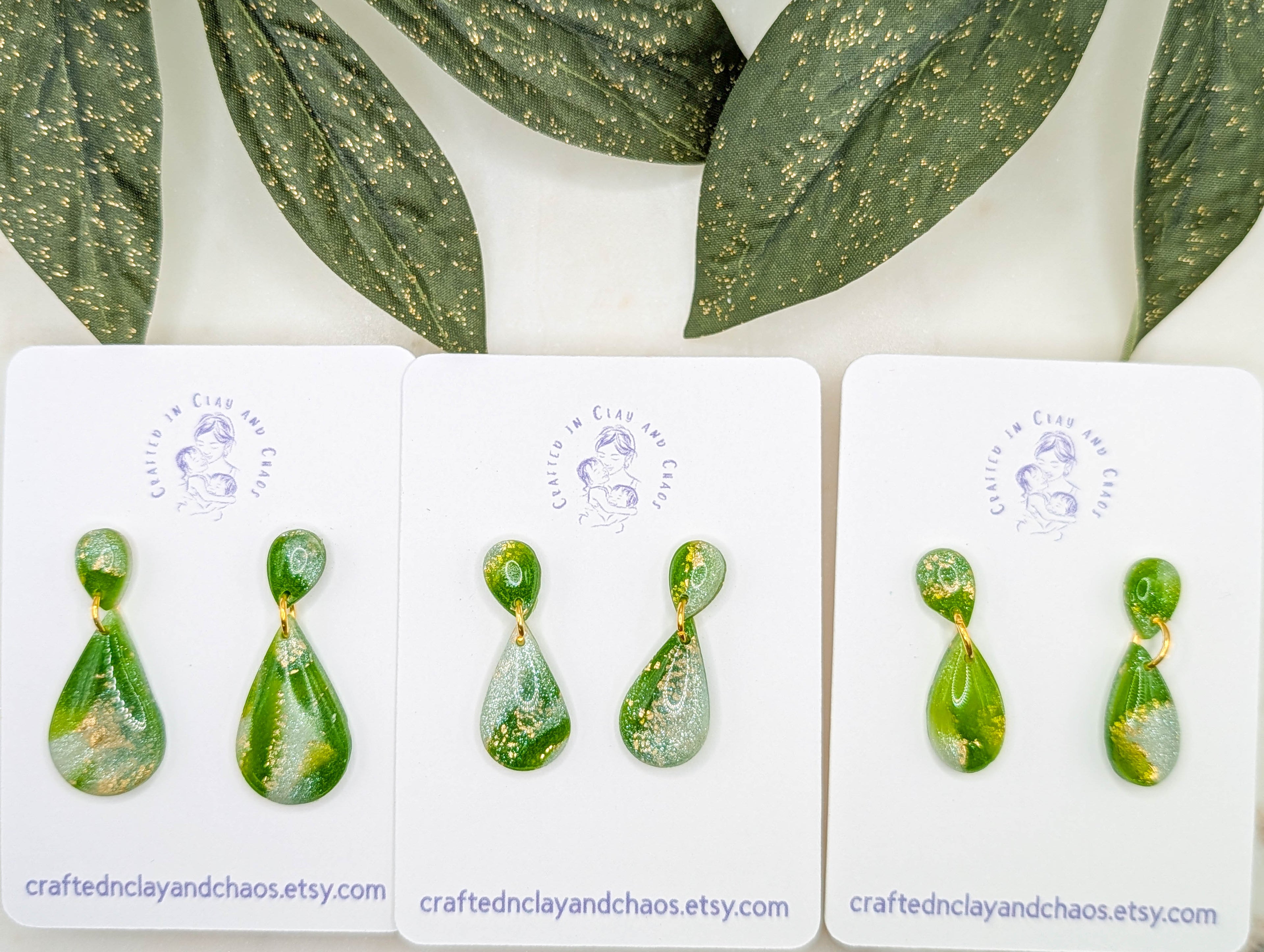 Lightweight Green Polymer Clay Earrings with Gold Foil, Modern Earthy Statement Drops