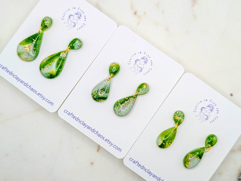 Lightweight Green Polymer Clay Earrings with Gold Foil, Modern Earthy Statement Drops