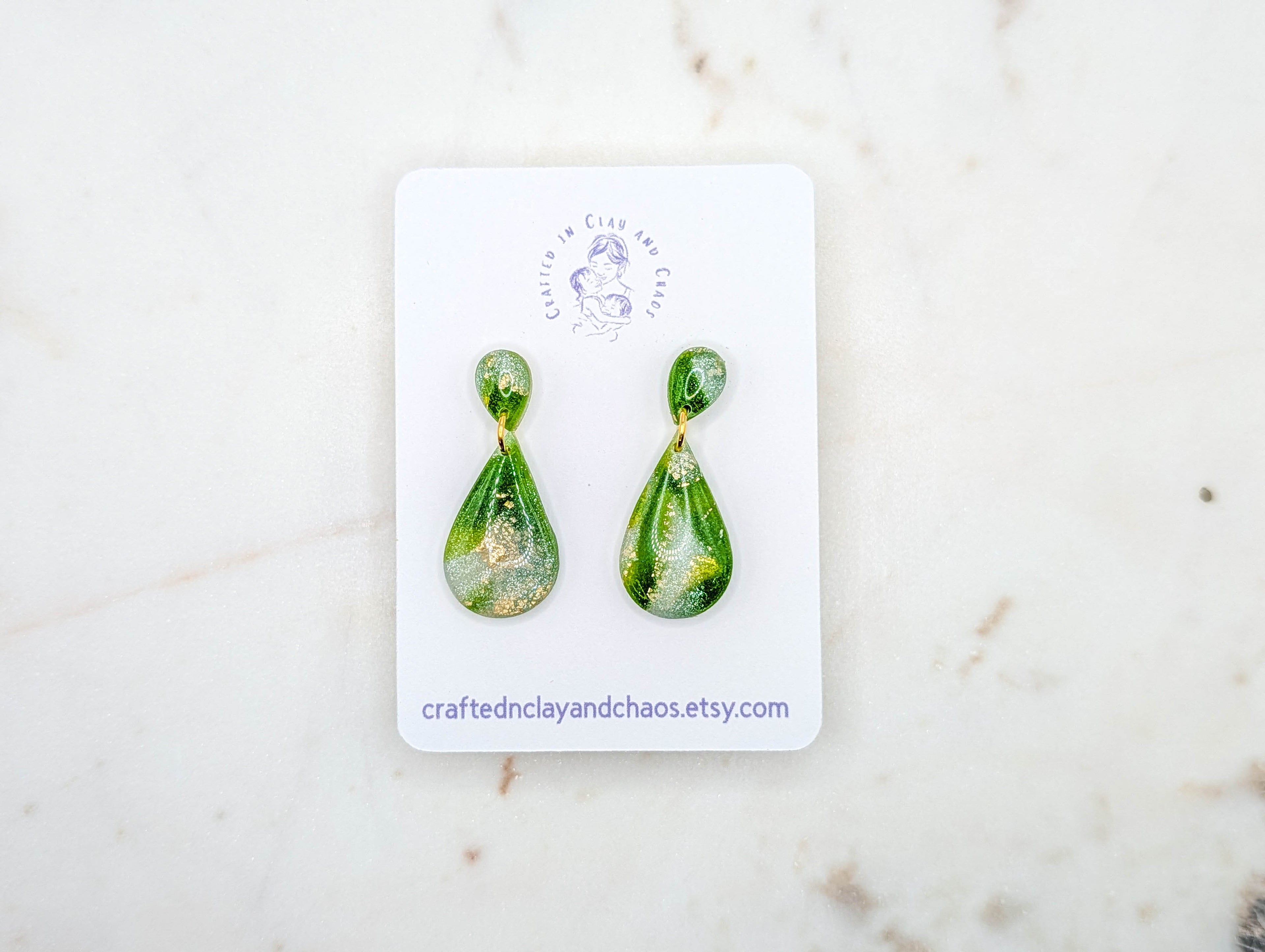 Lightweight Green Polymer Clay Earrings with Gold Foil, Modern Earthy Statement Drops