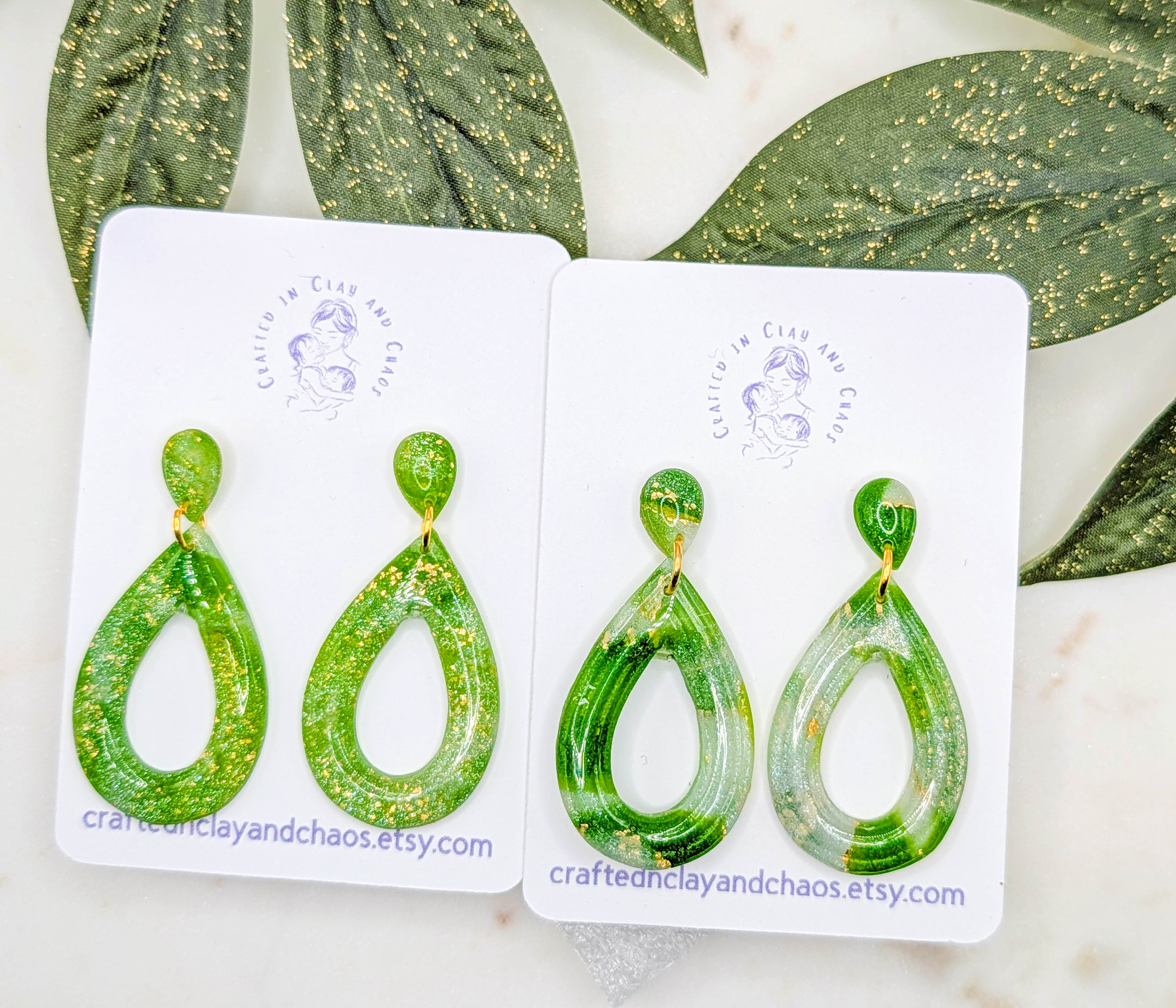 Lightweight Green Polymer Clay Earrings with Gold Foil, Modern Earthy Statement Drops