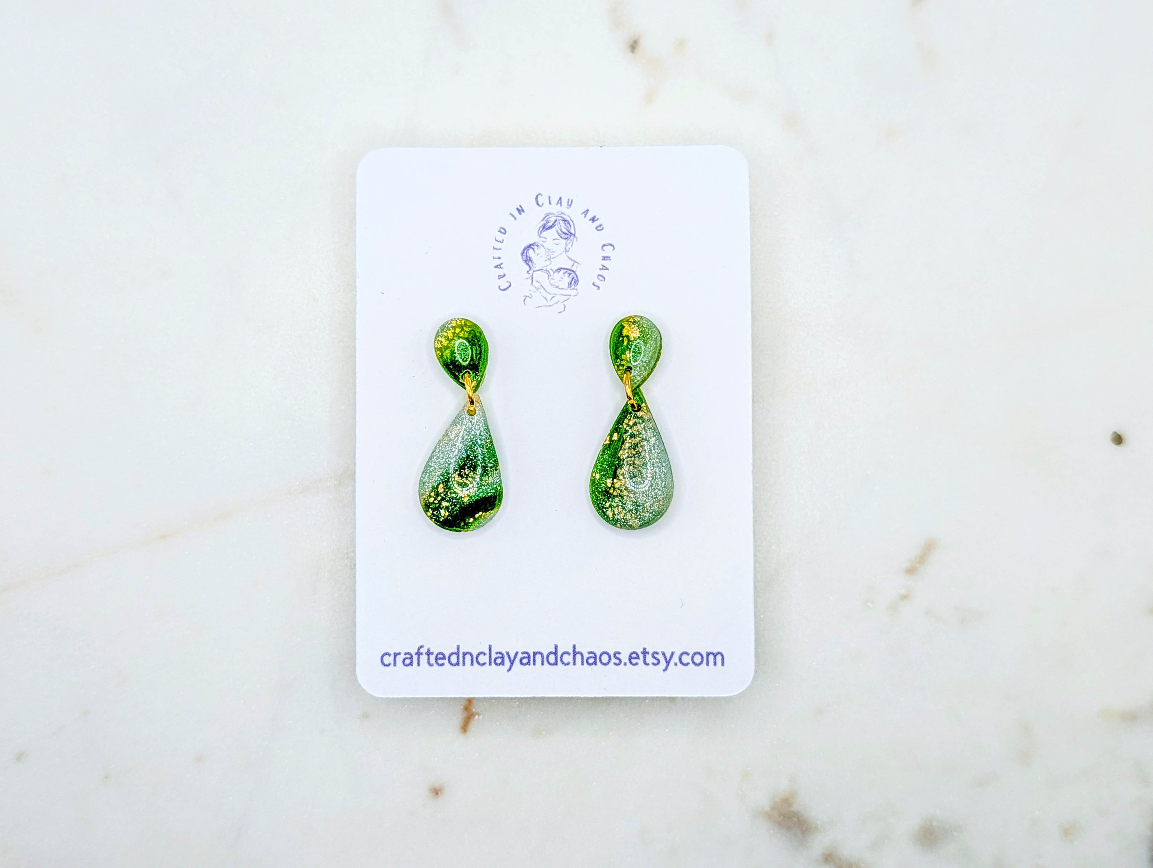 Lightweight Green Polymer Clay Earrings with Gold Foil, Modern Earthy Statement Drops