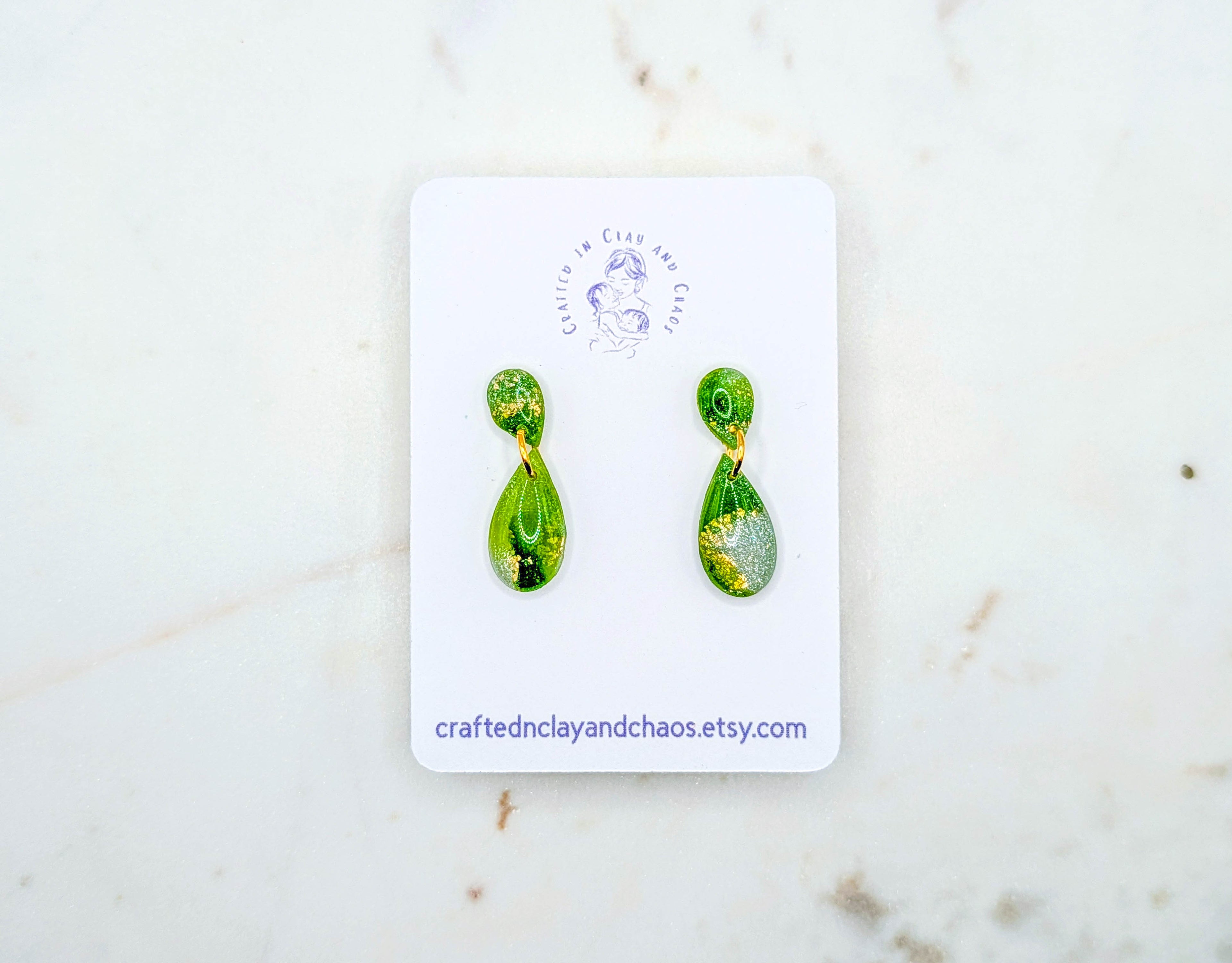 Lightweight Green Polymer Clay Earrings with Gold Foil, Modern Earthy Statement Drops
