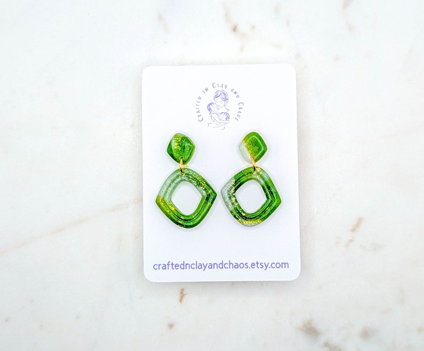 Lightweight Green Polymer Clay Earrings with Gold Foil, Modern Earthy Statement Drops