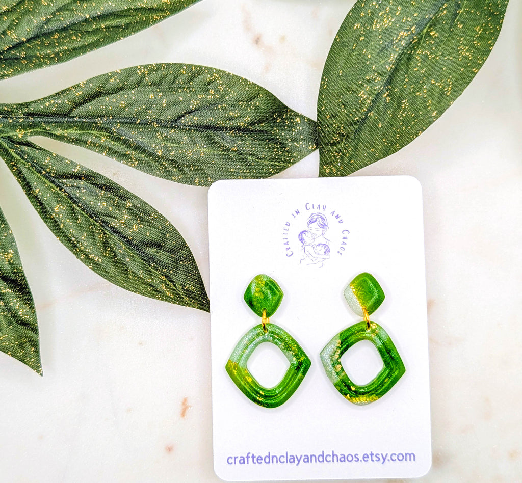 Lightweight Green Polymer Clay Earrings with Gold Foil, Modern Earthy Statement Drops