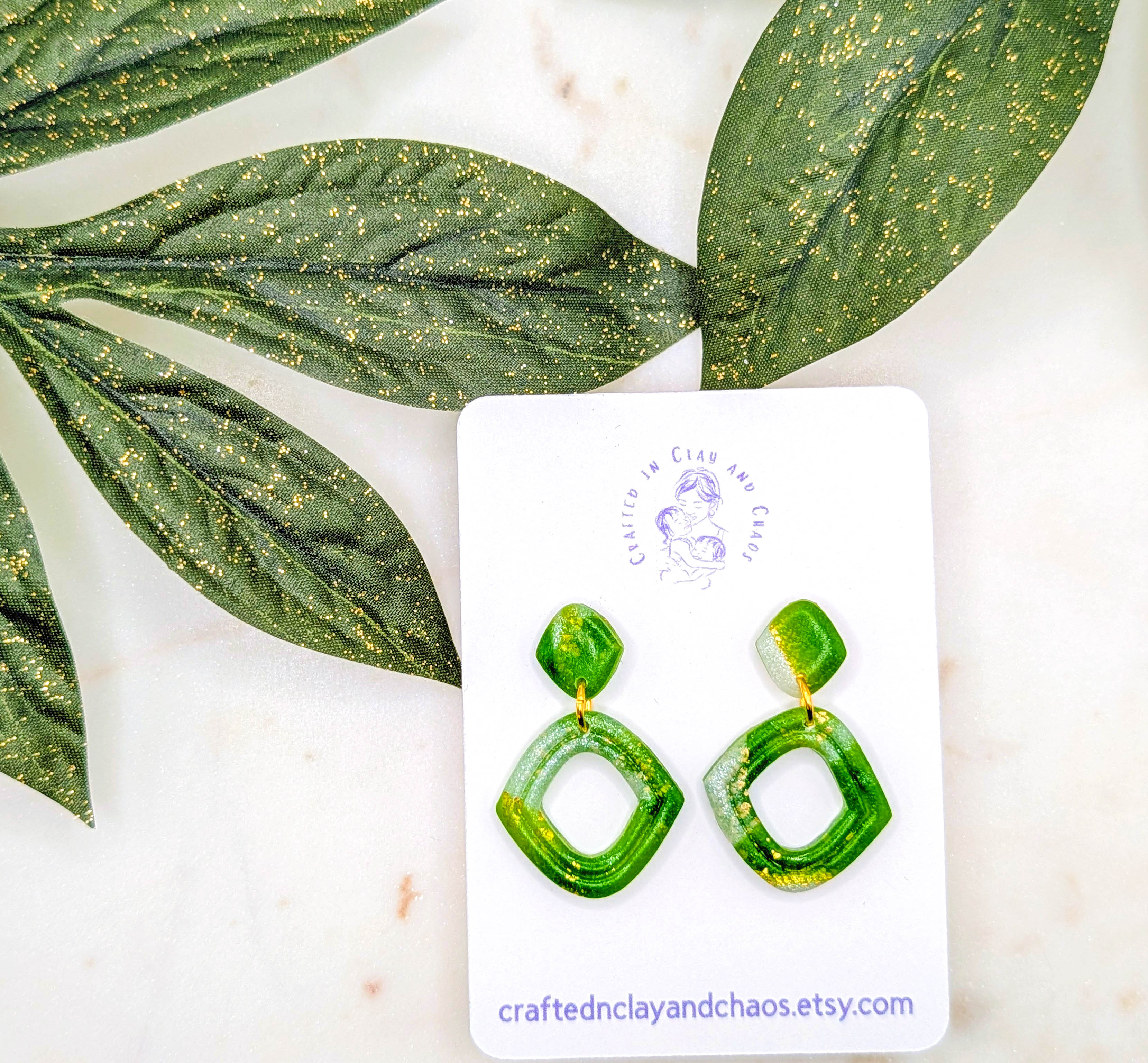 Lightweight Green Polymer Clay Earrings with Gold Foil, Modern Earthy Statement Drops