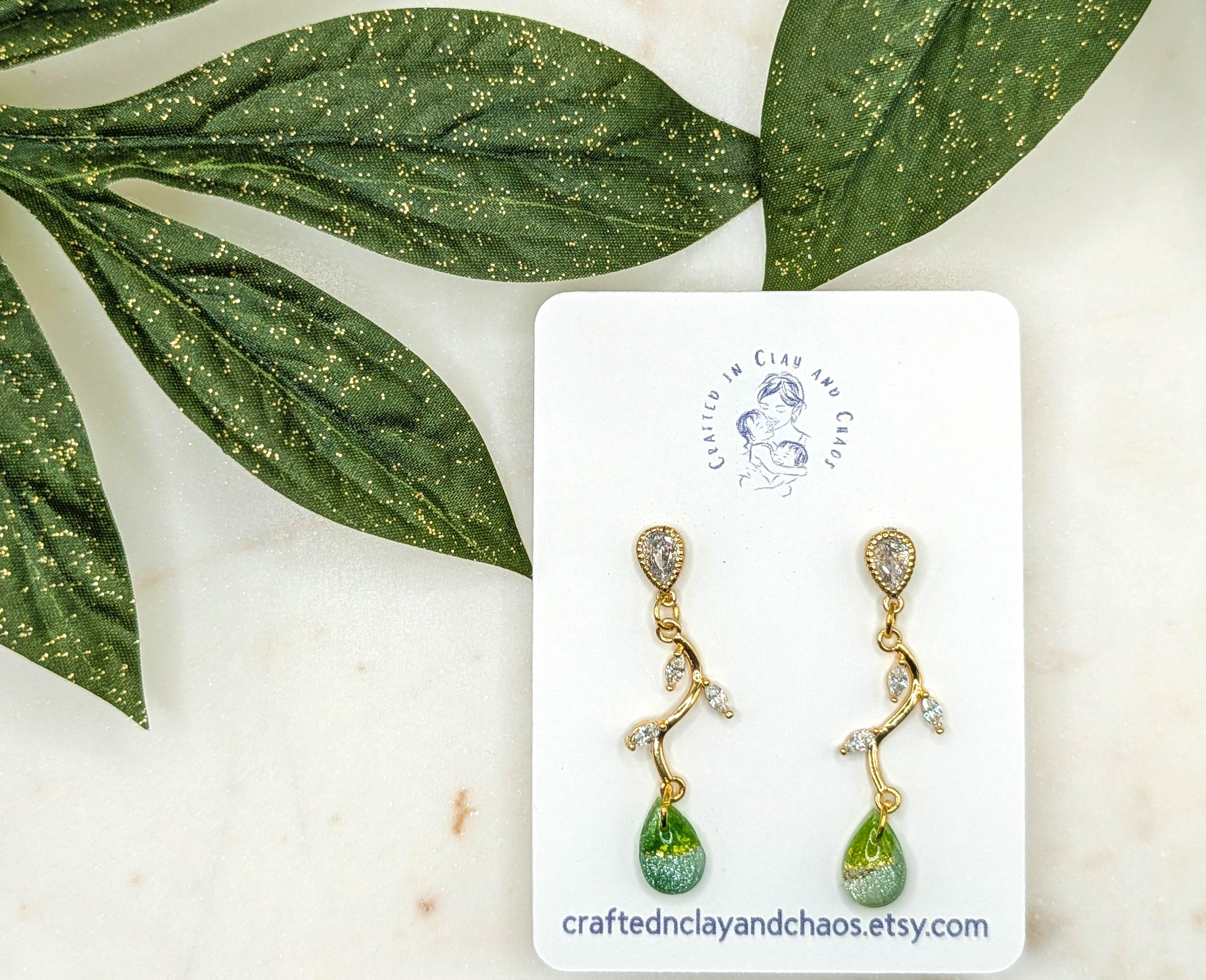 Lightweight Green Polymer Clay Earrings with Gold Foil, Modern Earthy Statement Drops