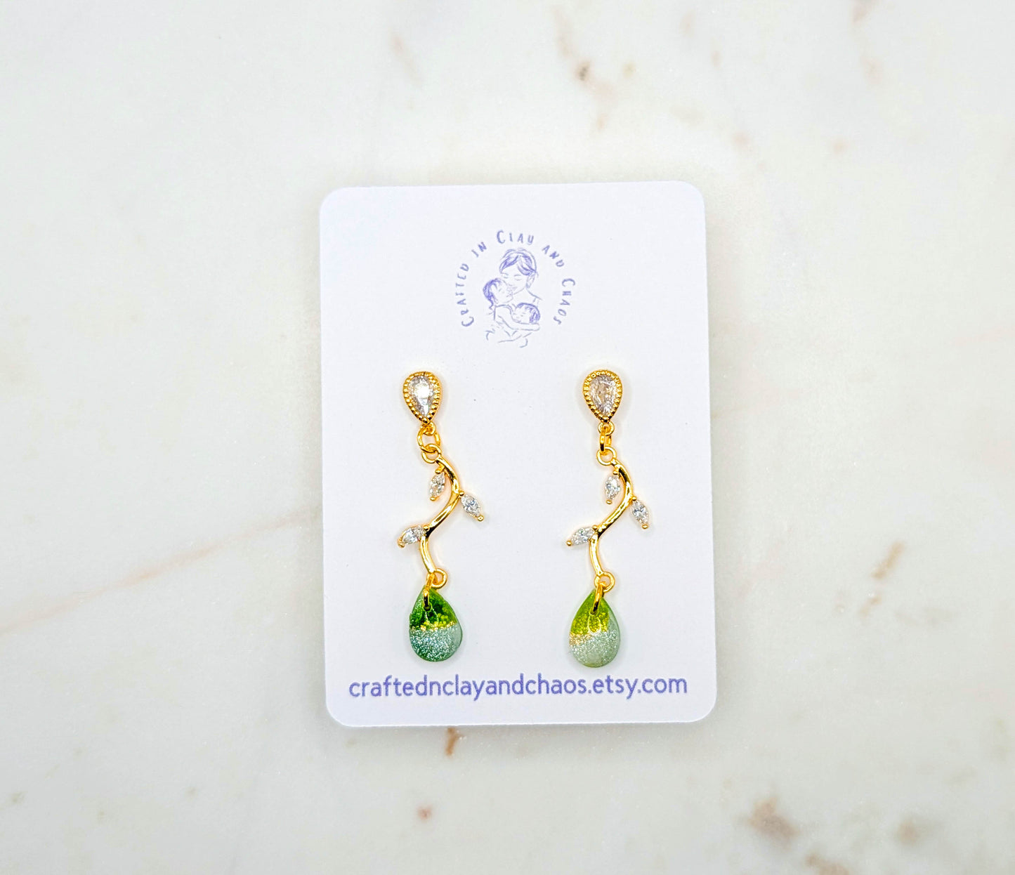 Lightweight Green Polymer Clay Earrings with Gold Foil, Modern Earthy Statement Drops