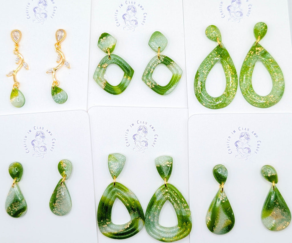 Lightweight Green Polymer Clay Earrings with Gold Foil, Modern Earthy Statement Drops