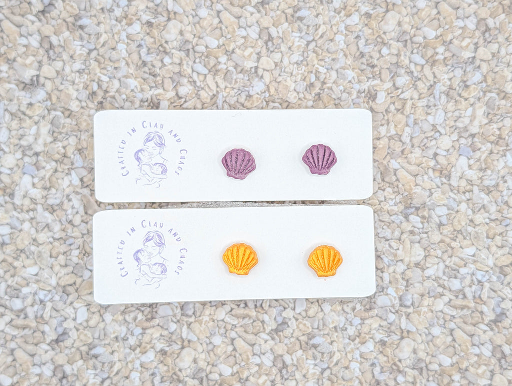 Handmade Shell Stud Earrings, Polymer Clay Seashell Studs with Gold Plated Hypoallergenic Posts