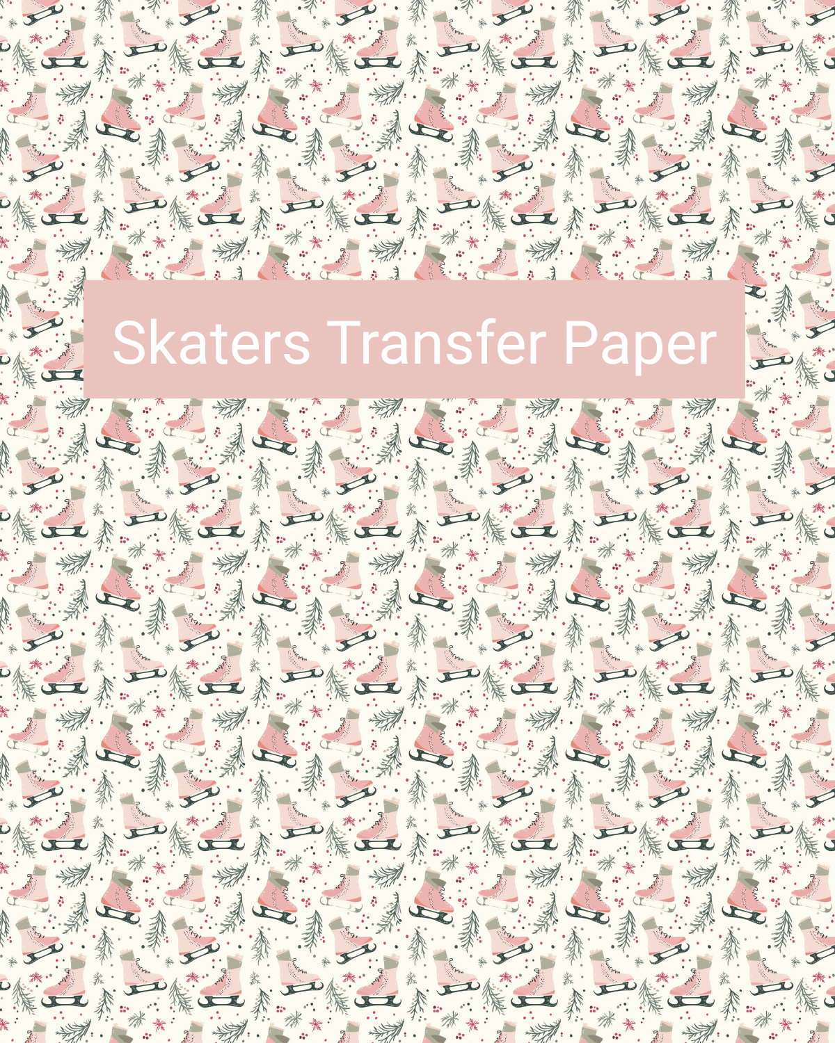 Skaters polymer clay transfer paper with tiny ice skaters and winter details in a delicate repeat in cream, blush, soft green, grey, and muted red