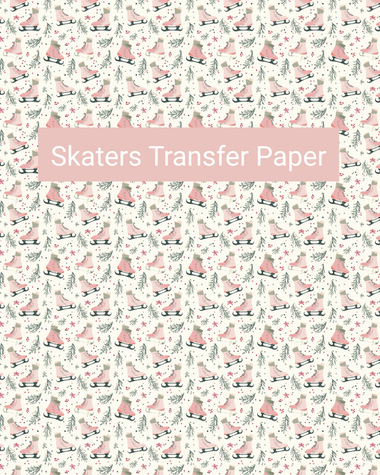 Skaters polymer clay transfer paper with tiny ice skaters and winter details in a delicate repeat in cream, blush, soft green, grey, and muted red