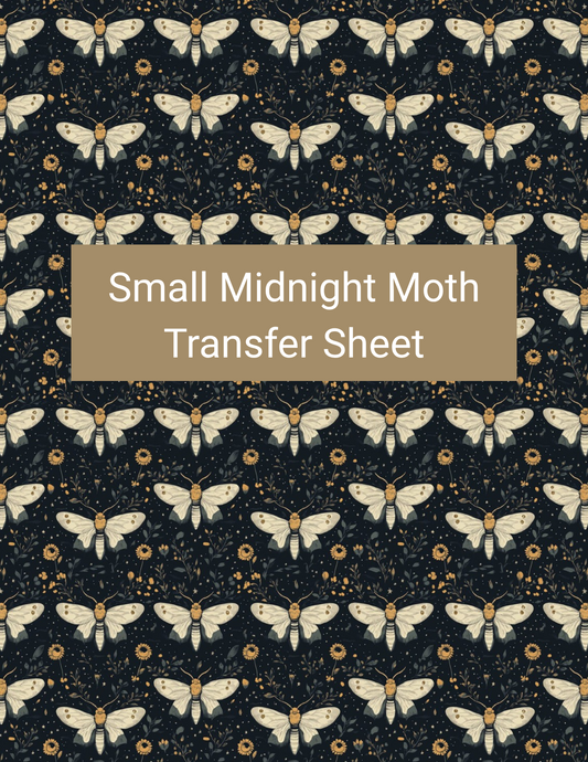 Small Midnight Moth polymer clay transfer paper with black, deep navy, warm cream, antique gold, and muted beige featuring small cream moths, tiny stars, botanical dots, and subtle celestial accents