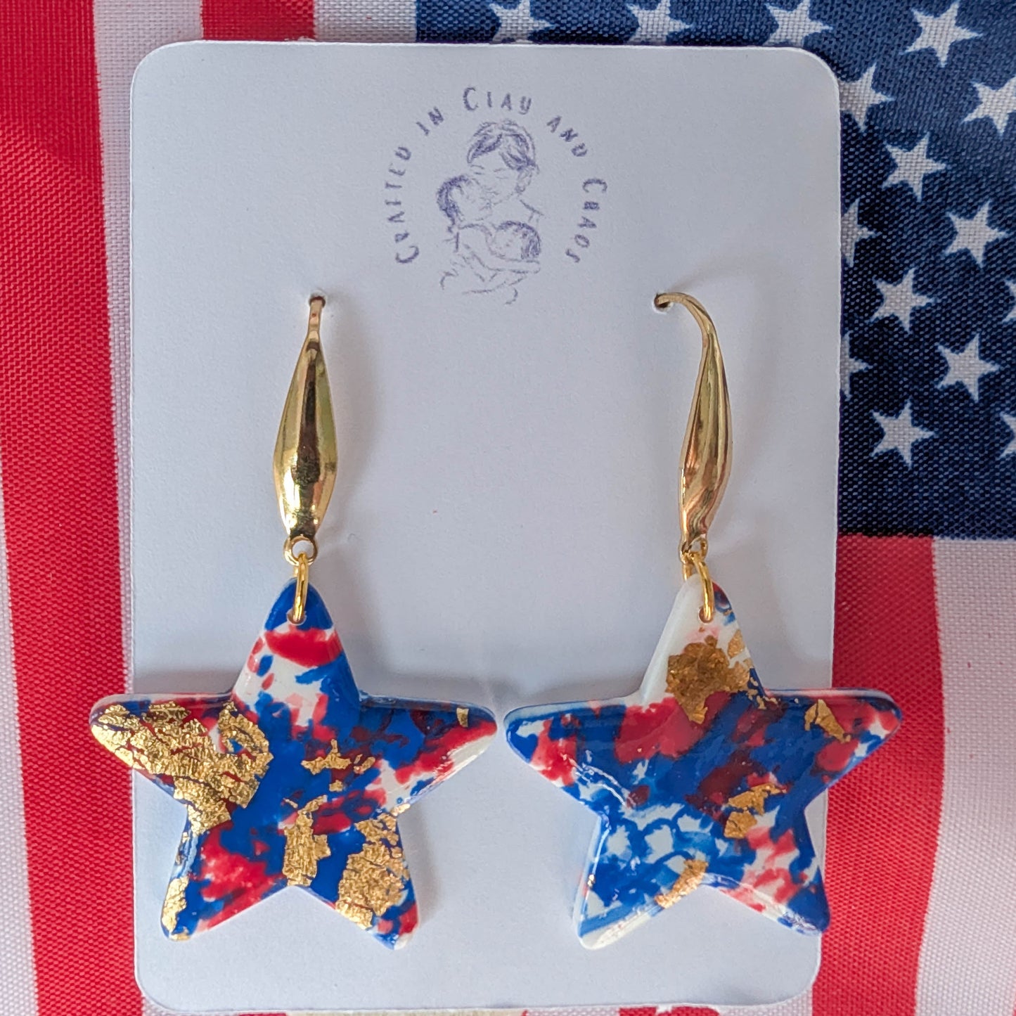 Bold Patriotic Star Earrings, Handmade Americana Statement Drops for USA celebration