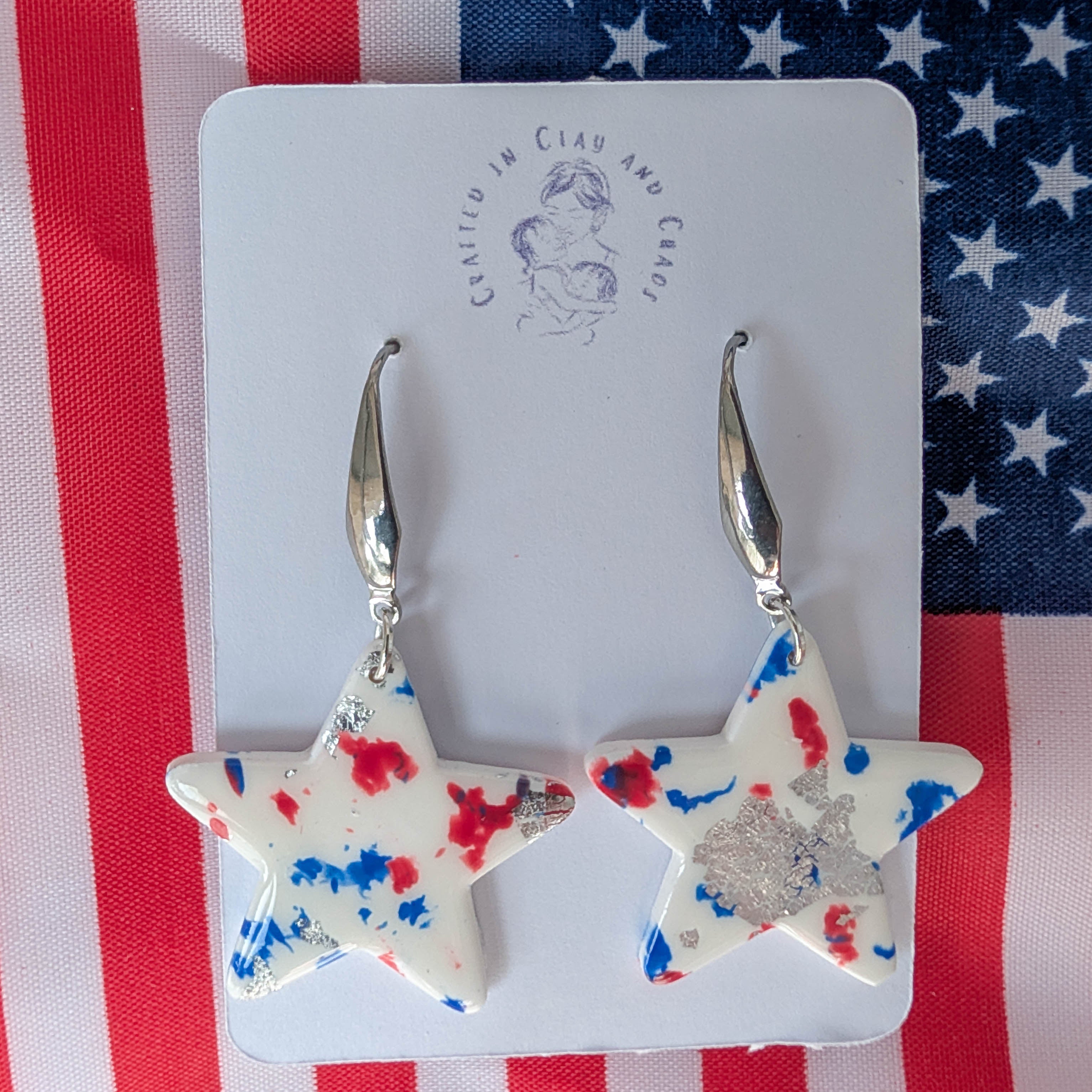 Bold Patriotic Star Earrings, Handmade Americana Statement Drops for USA celebration