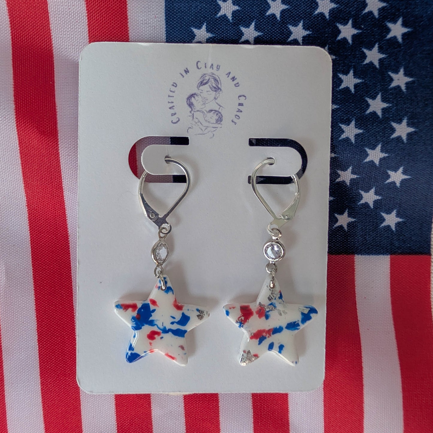 Patriotic Star Leverback Earrings, Speckled Red, White, Blue Clay Dangles for Fourth of July Celebration