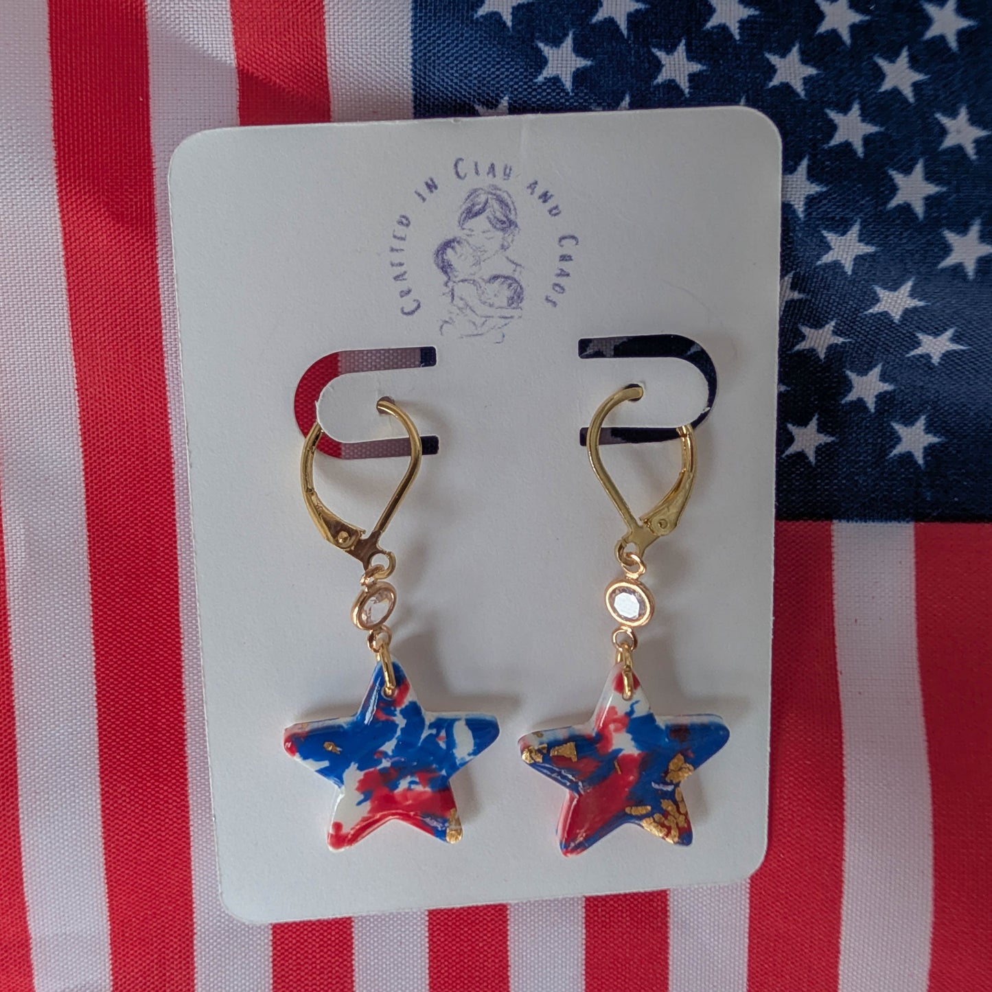 Patriotic Star Leverback Earrings, Speckled Red, White, Blue Clay Dangles for Fourth of July Celebration