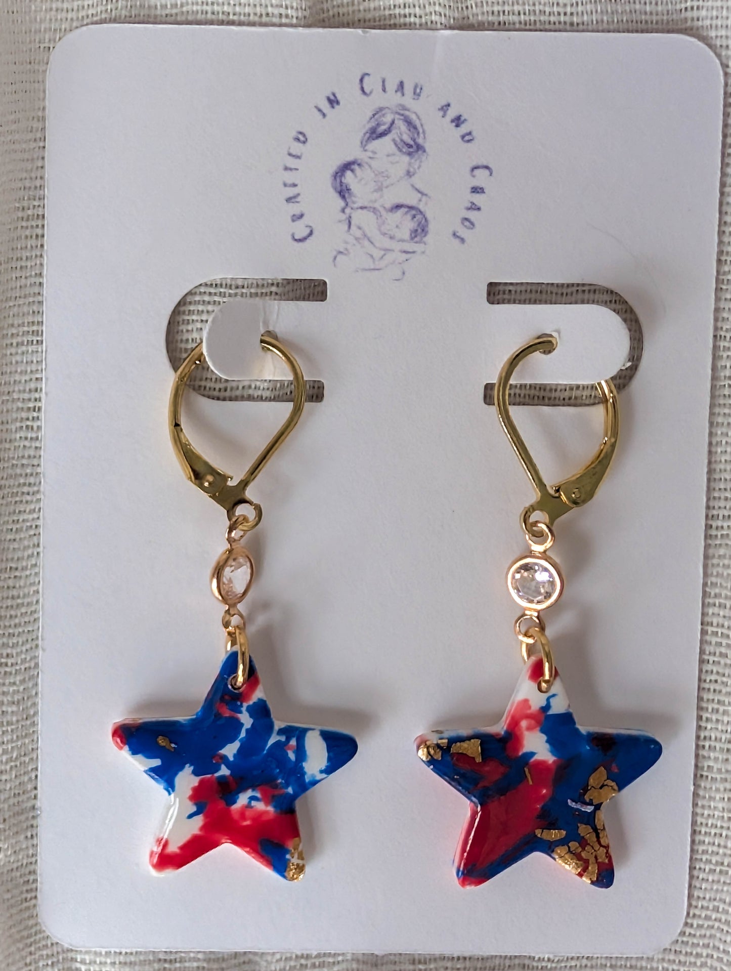 Patriotic Star Leverback Earrings, Speckled Red, White, Blue Clay Dangles for Fourth of July Celebration