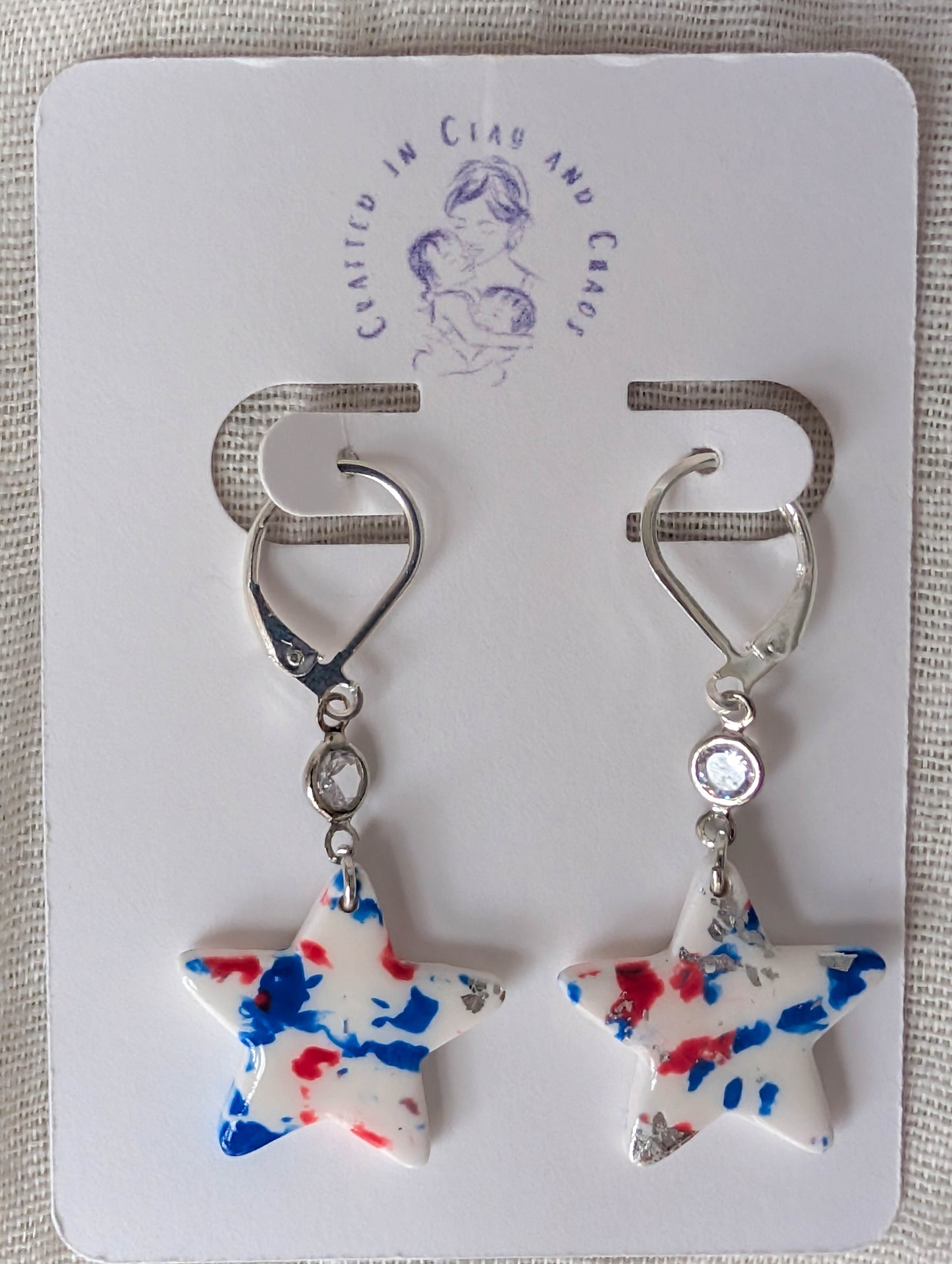 Patriotic Star Leverback Earrings, Speckled Red, White, Blue Clay Dangles for Fourth of July Celebration