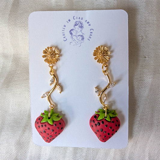 Handmade Strawberry Clay Fruit Drop Earrings, Cottagecore Summer Jewelry for Brunch, Garden Party or Festival Outfit