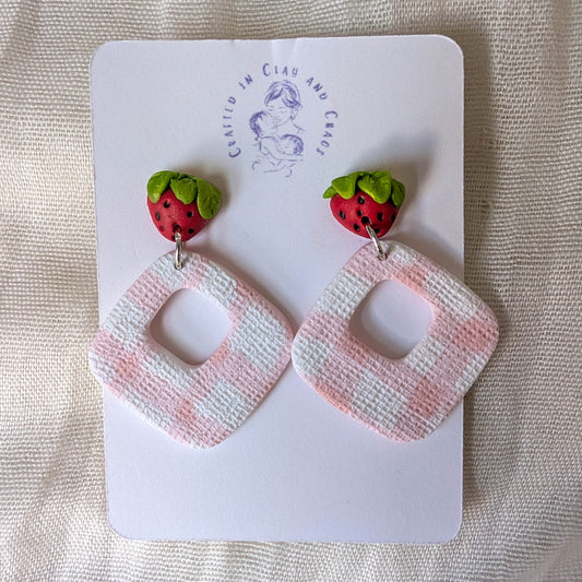 Handmade Strawberry Gingham Clay Earrings, Cottagecore Summer Jewelry for Picnic or Festival Outfit