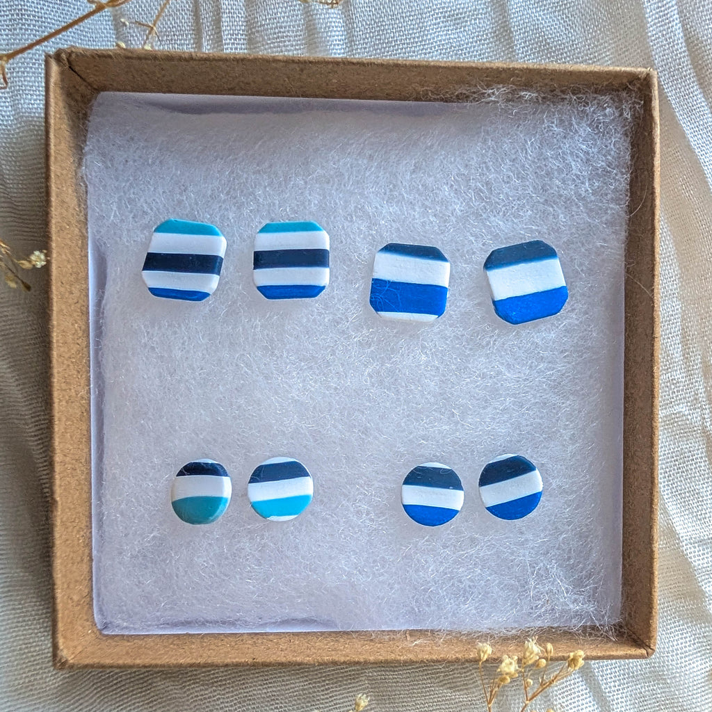 Nautical Blue Stripe Stud Earrings: Polymer Clay Coastal Studs