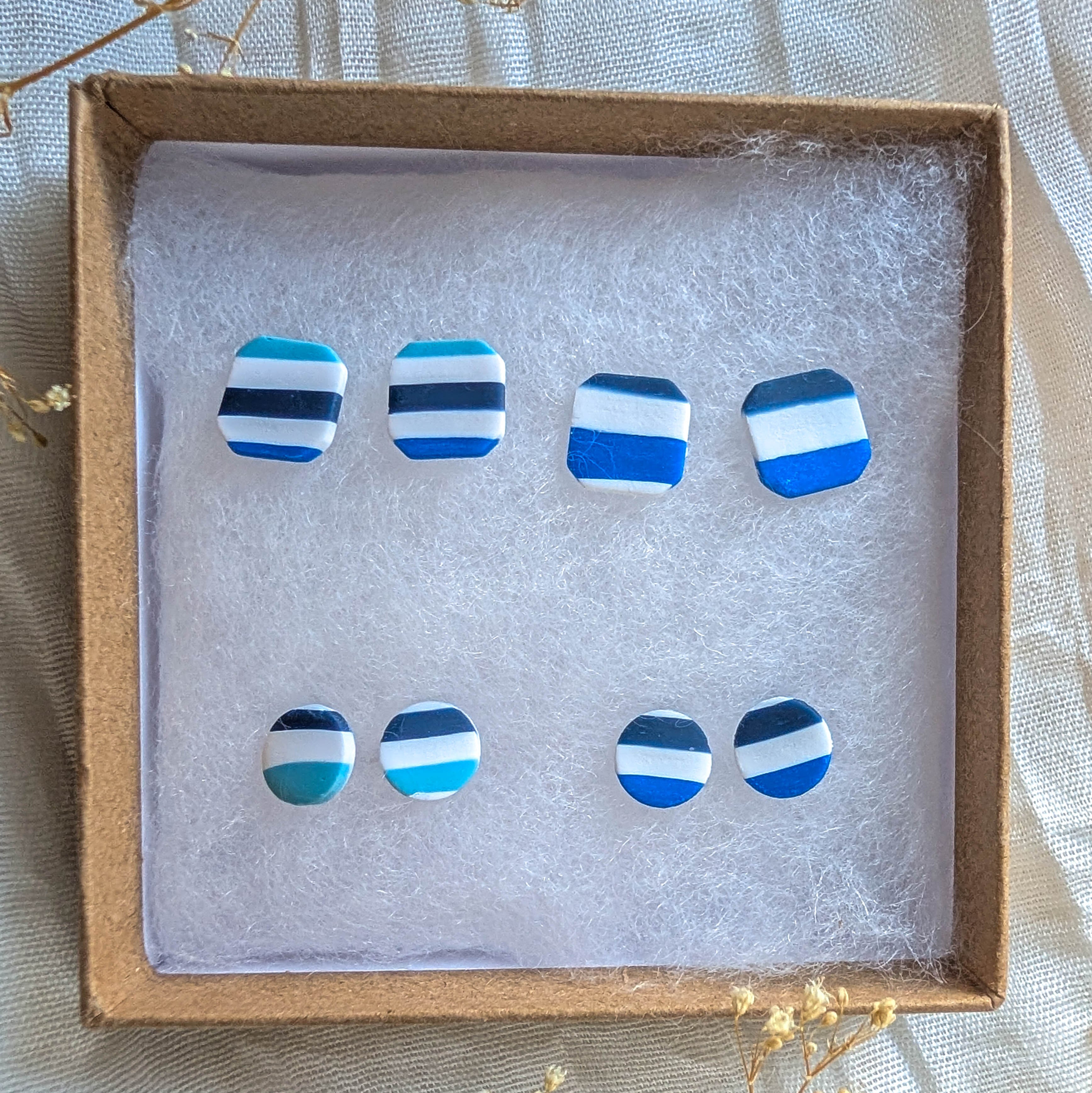 Nautical Blue Stripe Stud Earrings: Polymer Clay Coastal Studs
