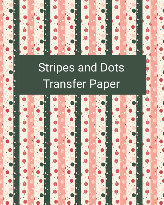 Stripes and Dots polymer clay transfer paper with alternating vertical stripes and dotted bands in festive colors in cream, red, blush, forest green, and sage