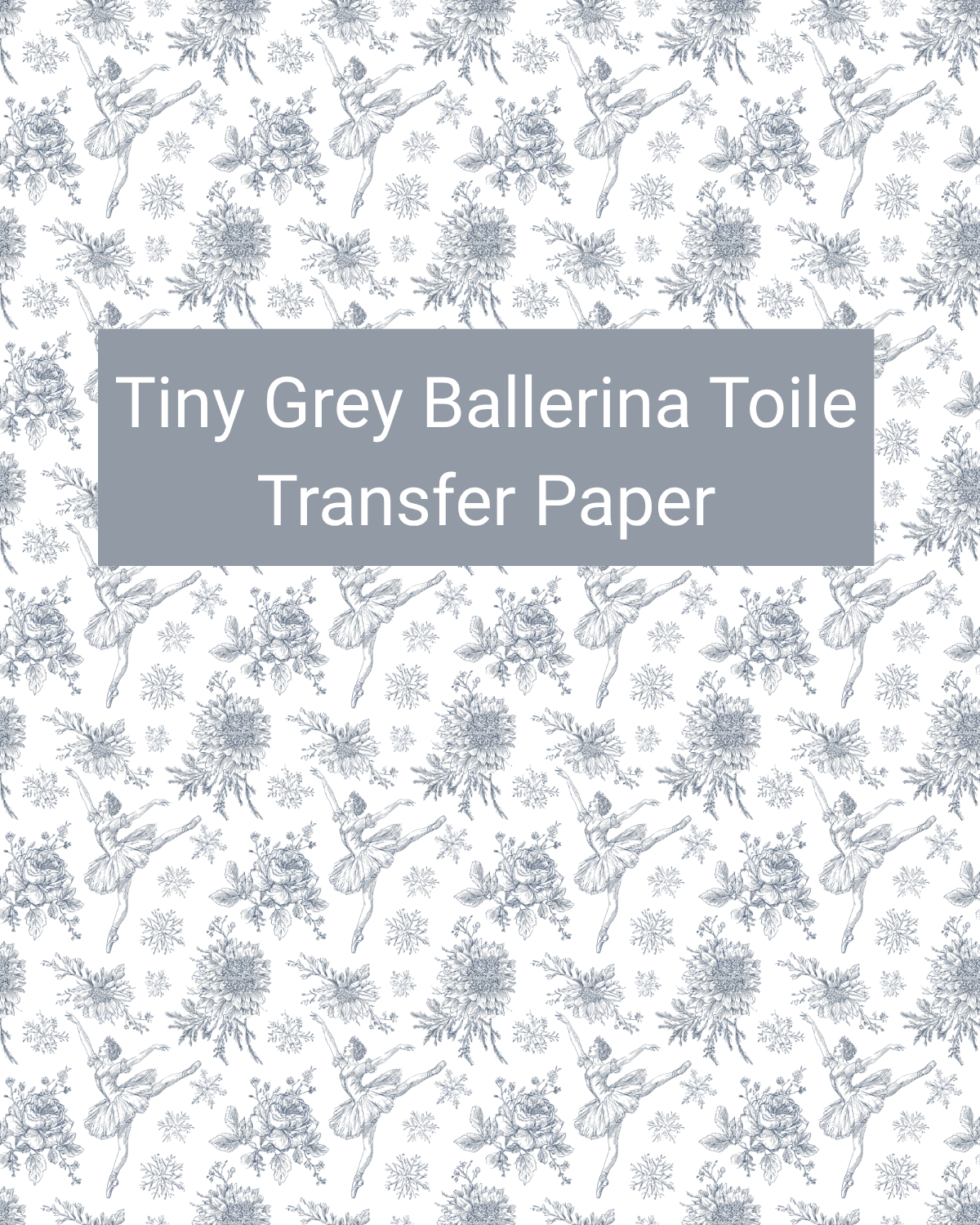 Tiny Grey Ballerina Toile polymer clay transfer paper with tiny grey ballerinas, bows, florals, and toile-style motifs in white, pale grey, and soft blue-grey
