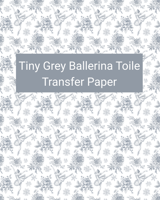 Tiny Grey Ballerina Toile polymer clay transfer paper with tiny grey ballerinas, bows, florals, and toile-style motifs in white, pale grey, and soft blue-grey