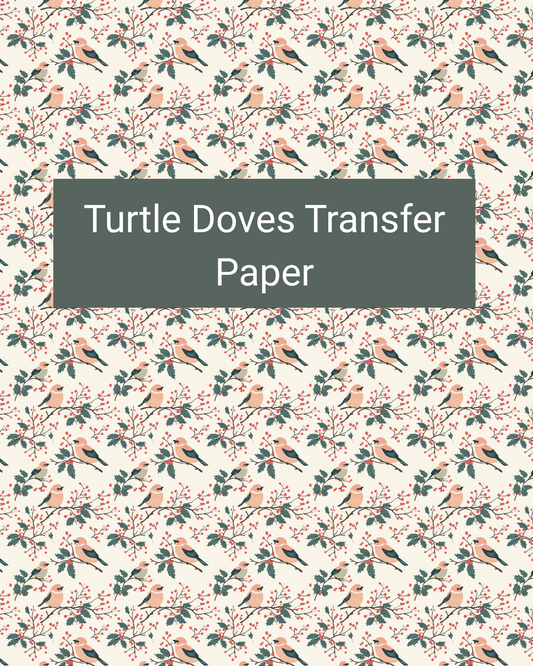 Turtle Doves polymer clay transfer paper with turtle doves, leafy branches, berries, and delicate floral accents in cream, forest green, sage, coral red, and blush