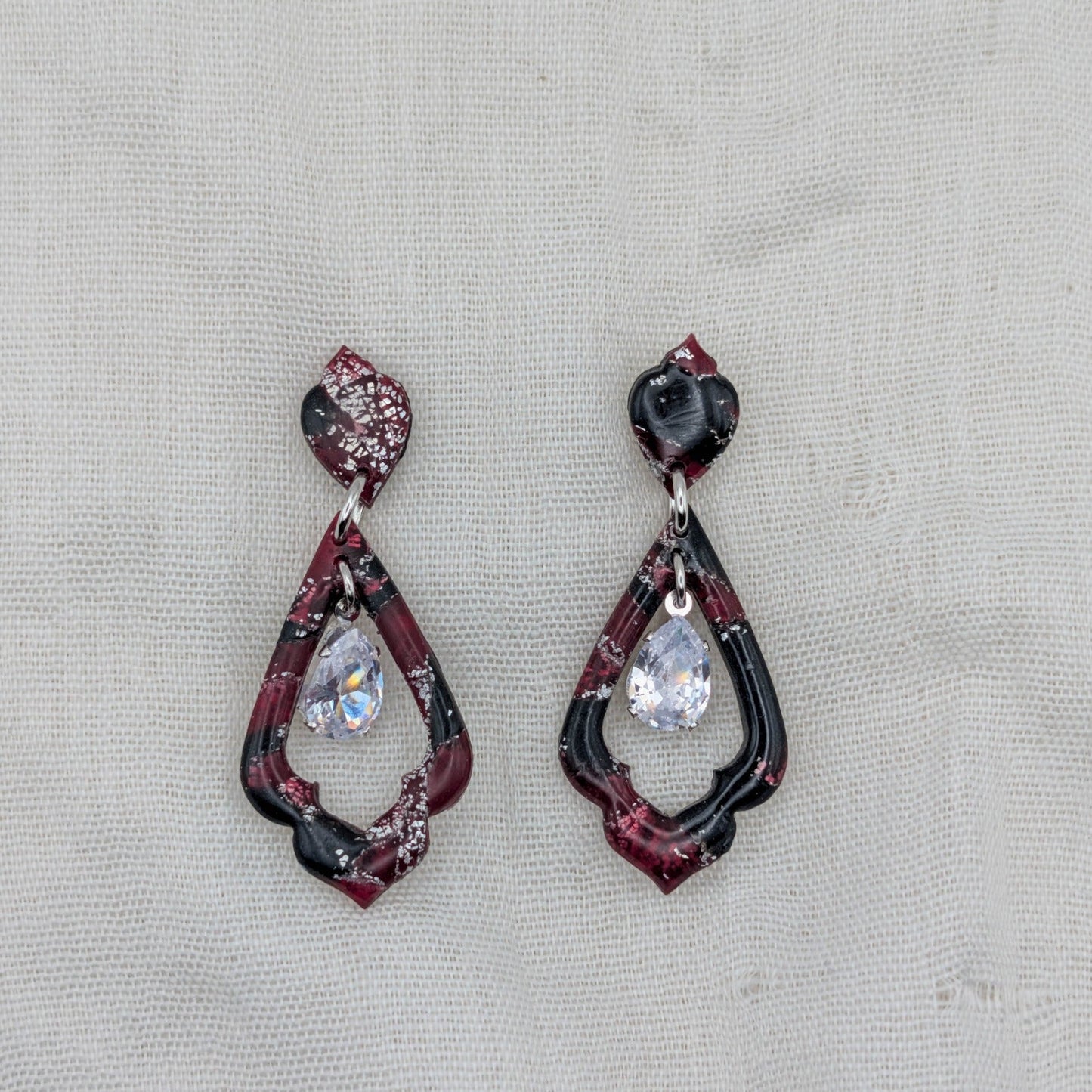 Silver Cathedral Teardrop vampire marble earrings with cubic zirconia dangles