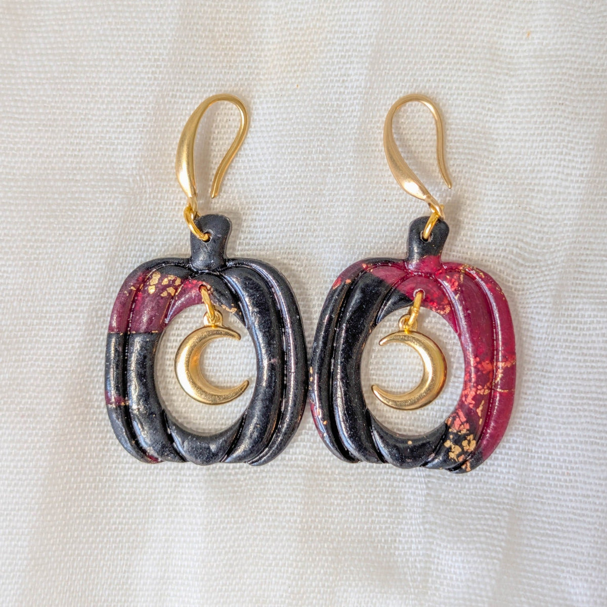 Gold vampire marble pumpkin dangle earrings with crescent moon charms