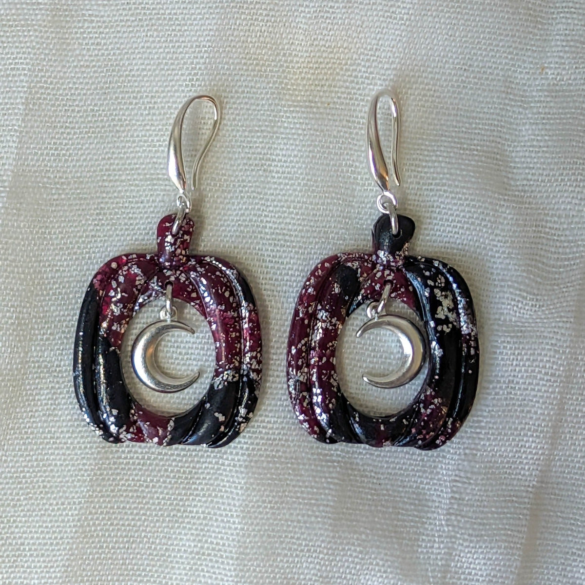 Silver vampire marble pumpkin dangle earrings with crescent moon charms