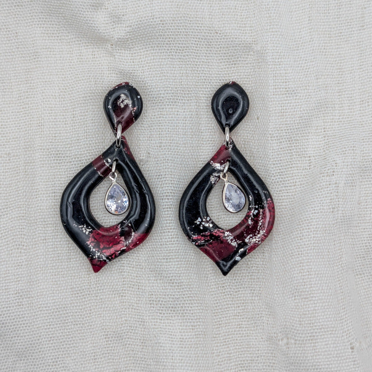 Silver Wide Teardrop vampire marble earrings with sparkling cubic zirconia drops