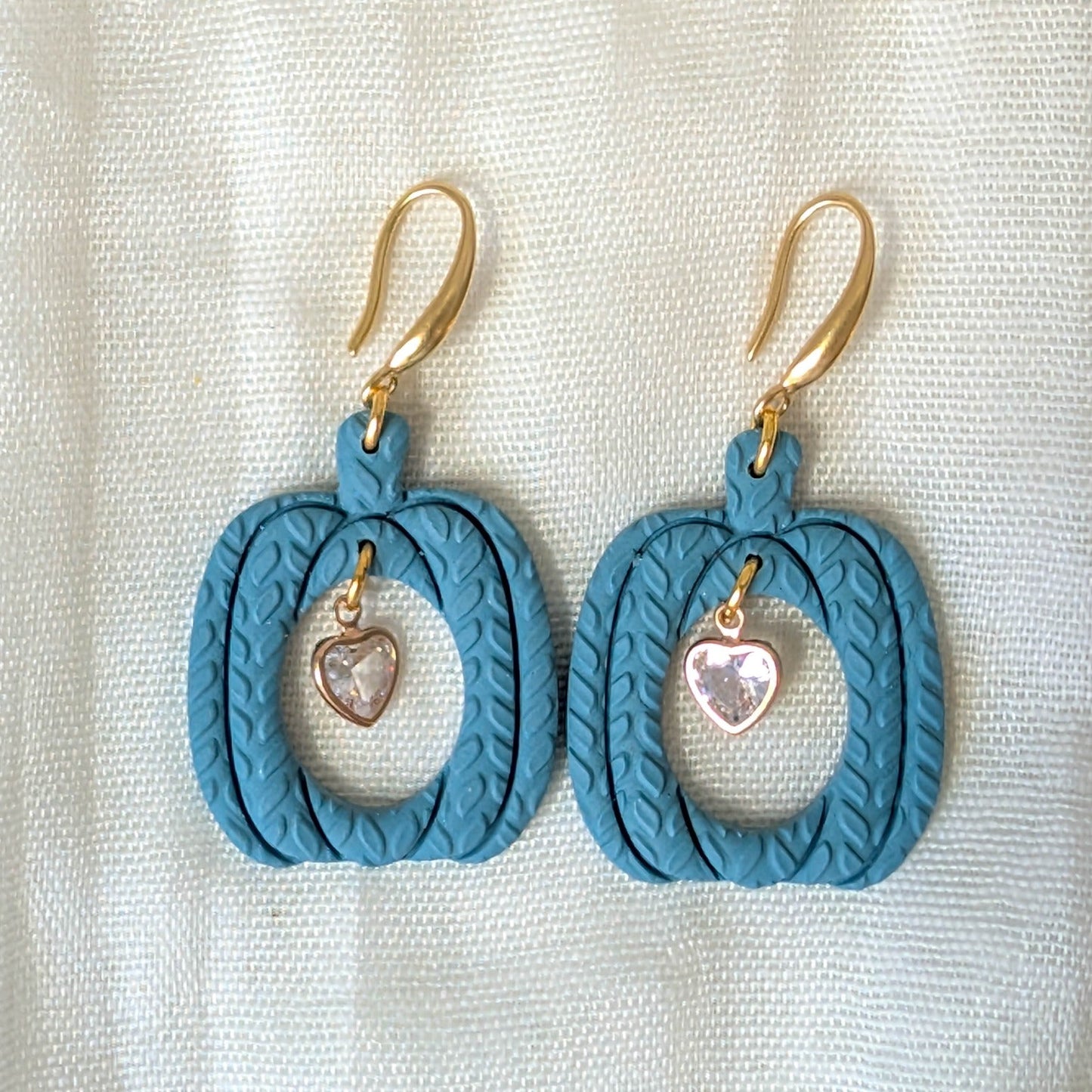 Vintage Blue knitted pumpkin earrings with clear heart charms and 14K gold-plated stainless steel hooks