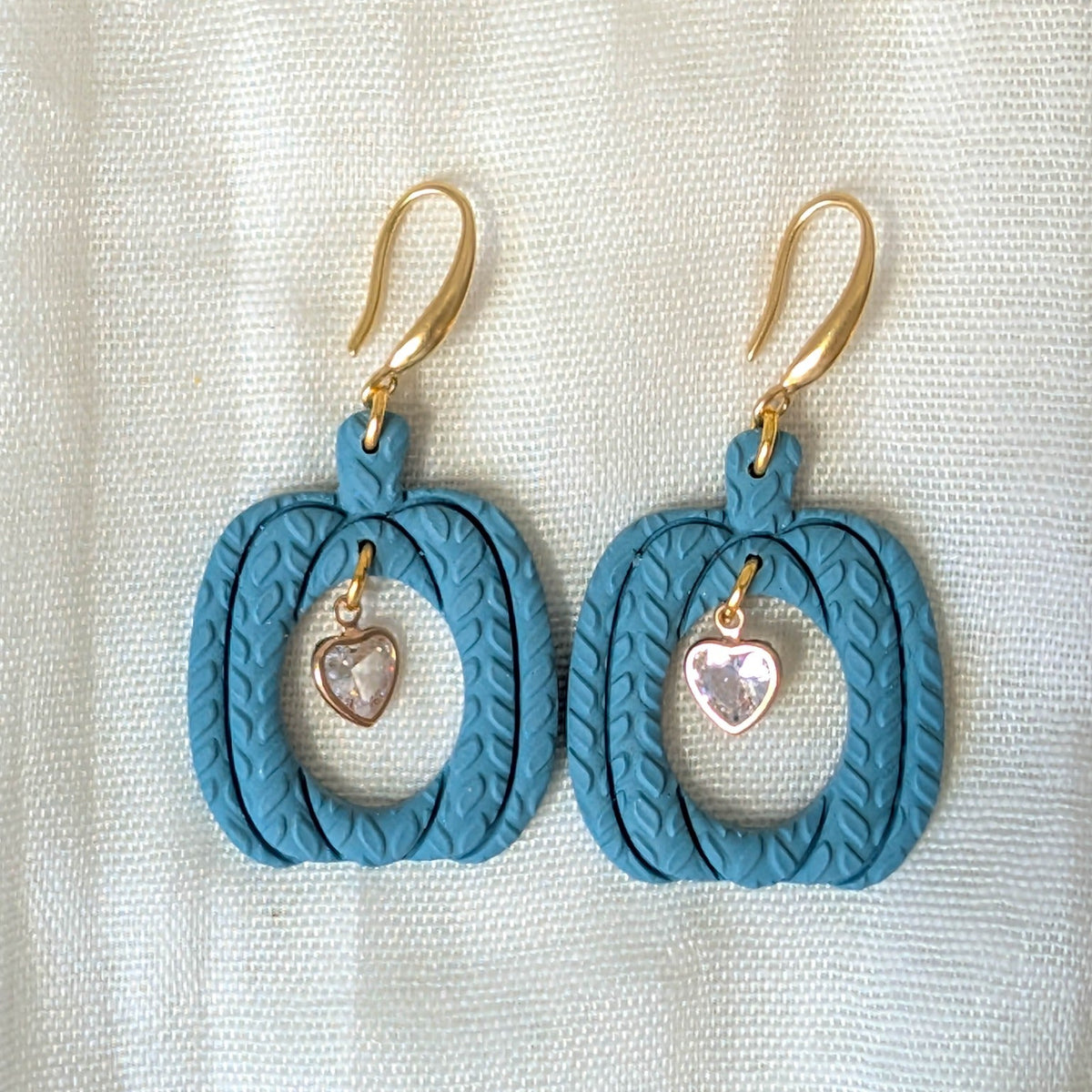 Vintage Blue knitted pumpkin earrings with clear heart charms and 14K gold-plated stainless steel hooks
