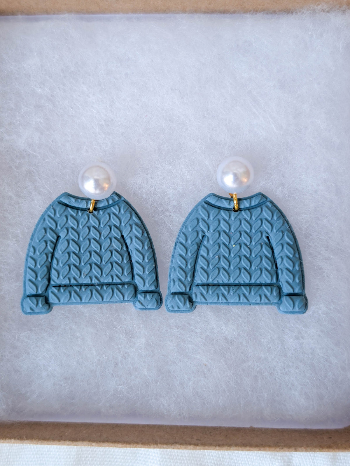 Vintage Blue handmade cable-knit sweater earrings with faux pearl posts