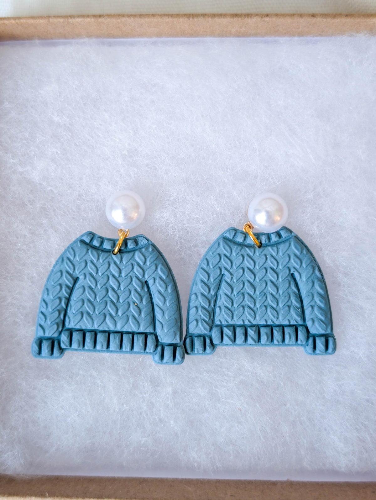 Vintage Blue polymer clay sweater earrings with ribbed trim and faux pearl posts