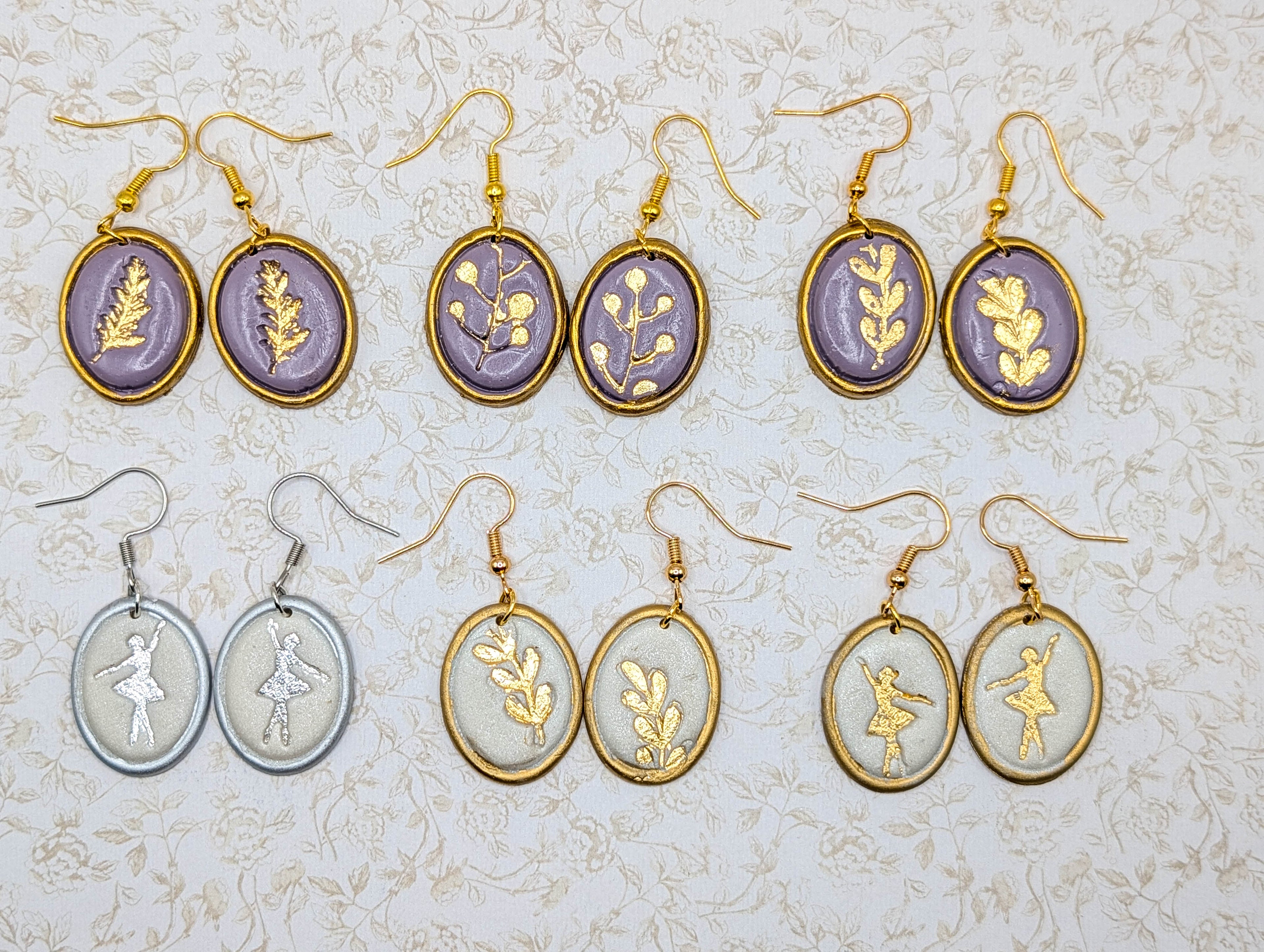 Vintage Frame Cottagecore Earrings: Gold Leaf Botanical or Ballerina Clay Dangles