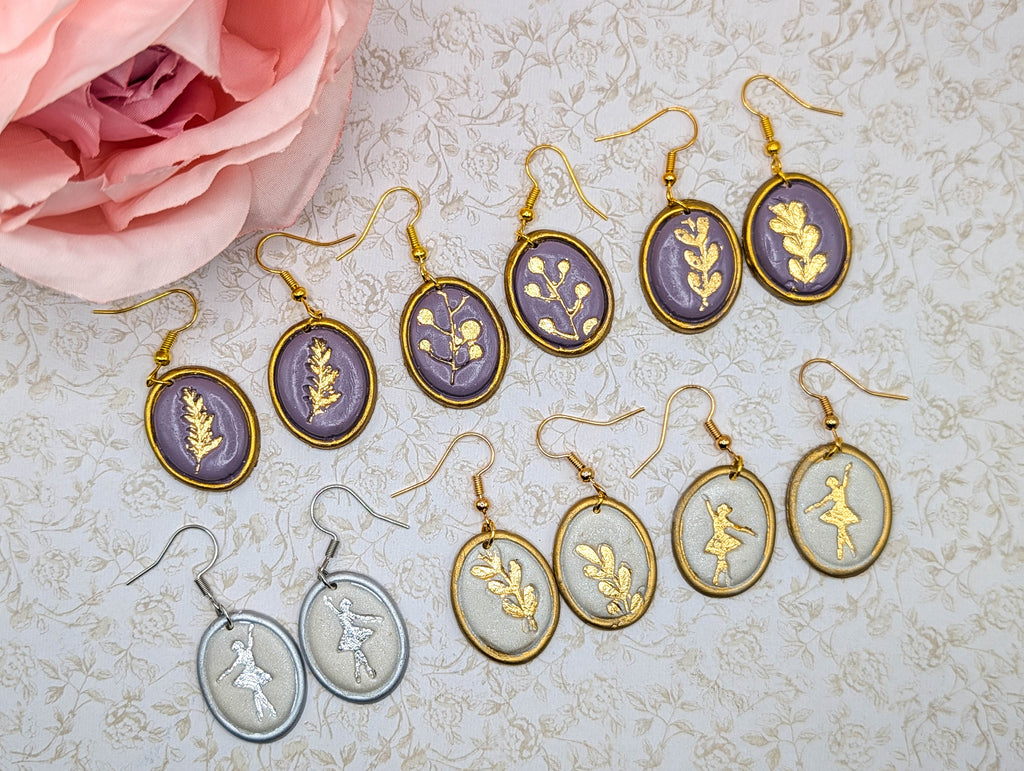 Vintage Frame Cottagecore Earrings: Gold Leaf Botanical or Ballerina Clay Dangles