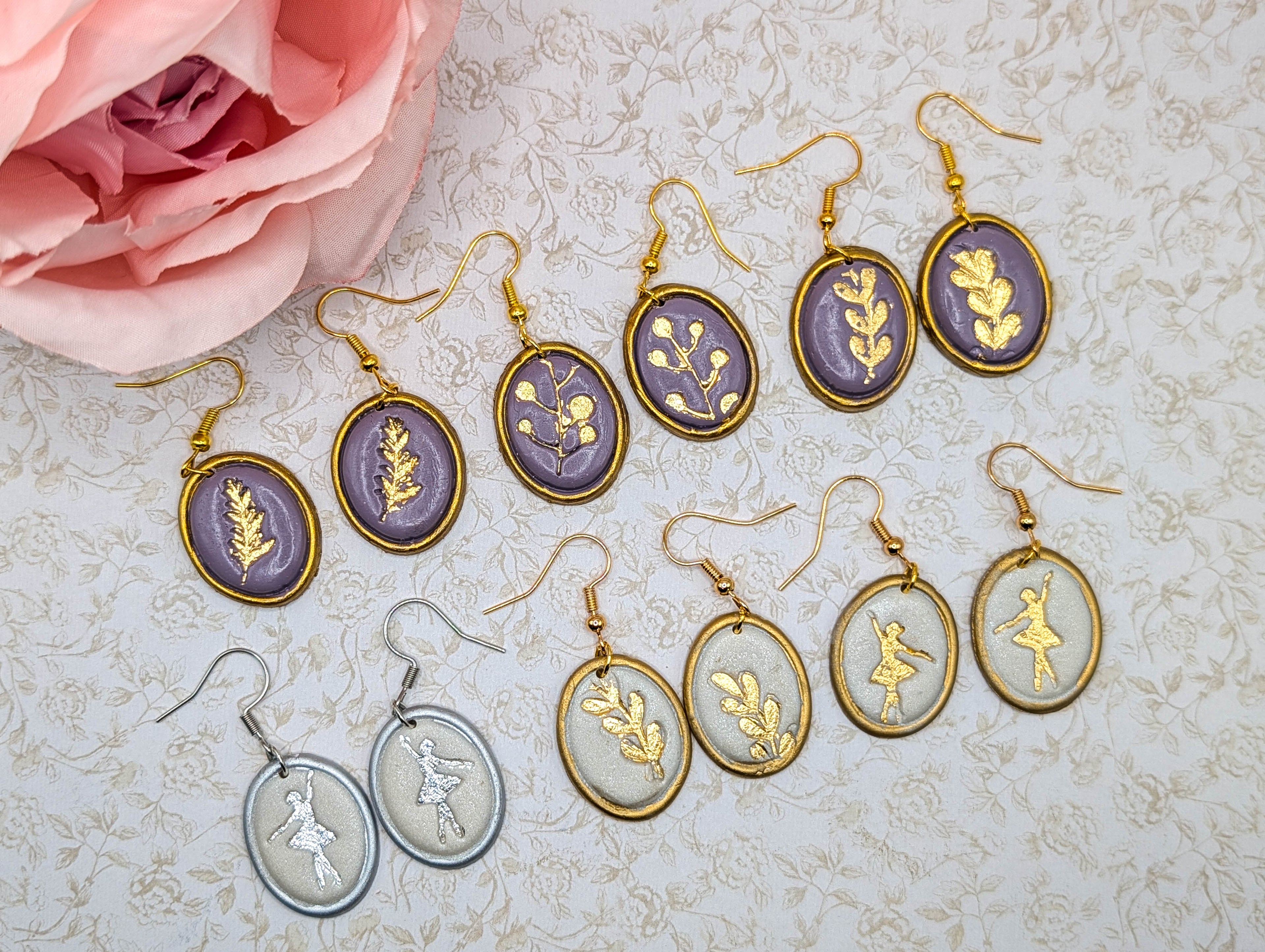 Vintage Frame Cottagecore Earrings: Gold Leaf Botanical or Ballerina Clay Dangles
