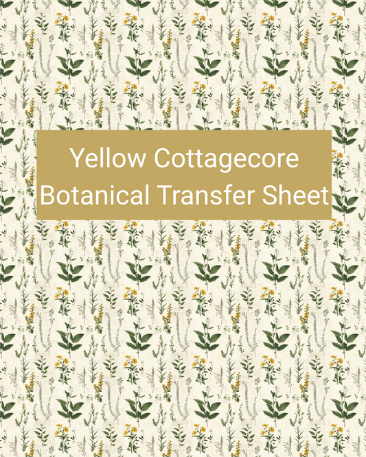 Yellow Cottagecore Botanical polymer clay transfer paper with sage green, mustard yellow, warm cream, and beige and delicate green stems, soft yellow blossoms, and tiny meadow flowers