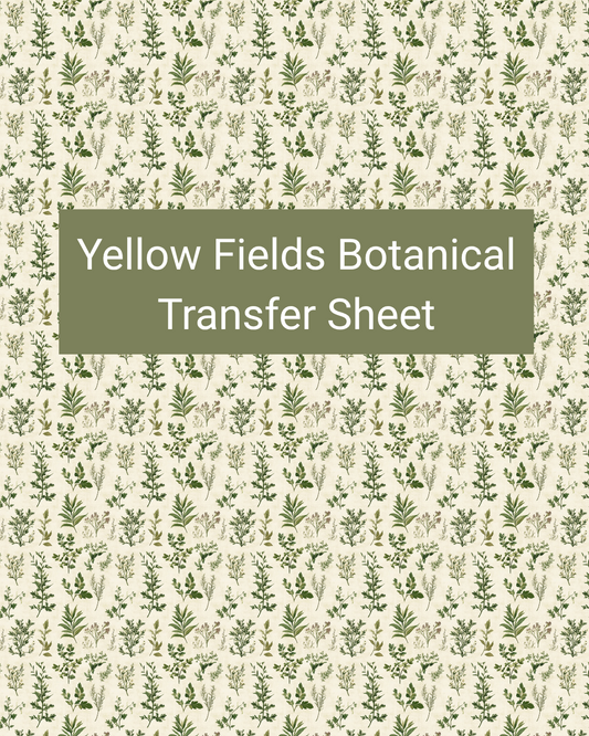 Yellow Fields Botanical polymer clay transfer paper with sage green, soft yellow, tan, and warm cream and small yellow field flowers, sage leaves, and repeating botanical sprigs